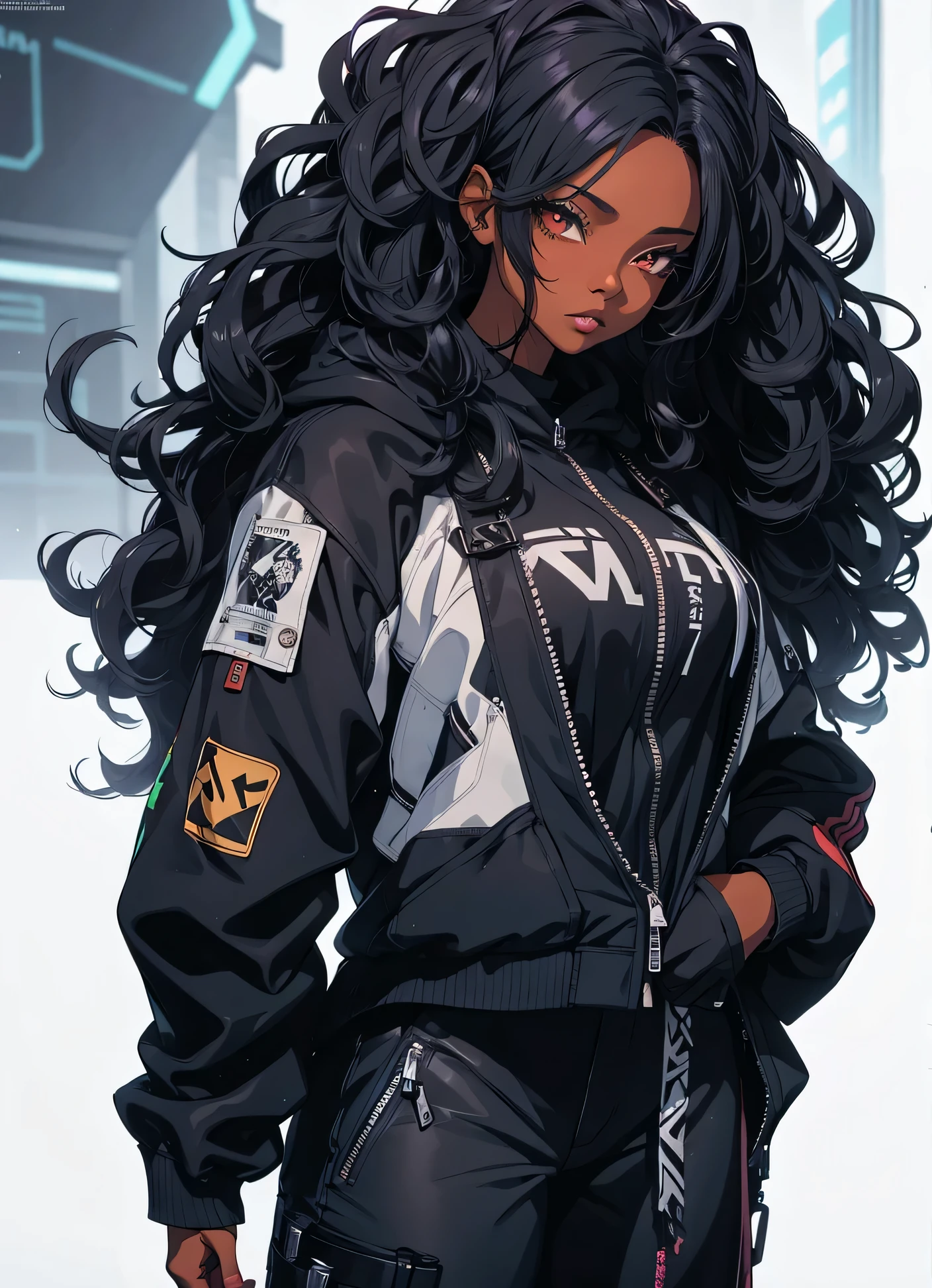 a woman with long black hair wearing a jacket and pants, African American skin, girl fanart, she is wearing streetwear, detailed anime character art, highly detailed character design, in style of digital illustration, anime style character, high quality character design, anime style illustration, cyberpunk anime girl in hoodie, black long curly hair, rossdraws | afrofuturism
