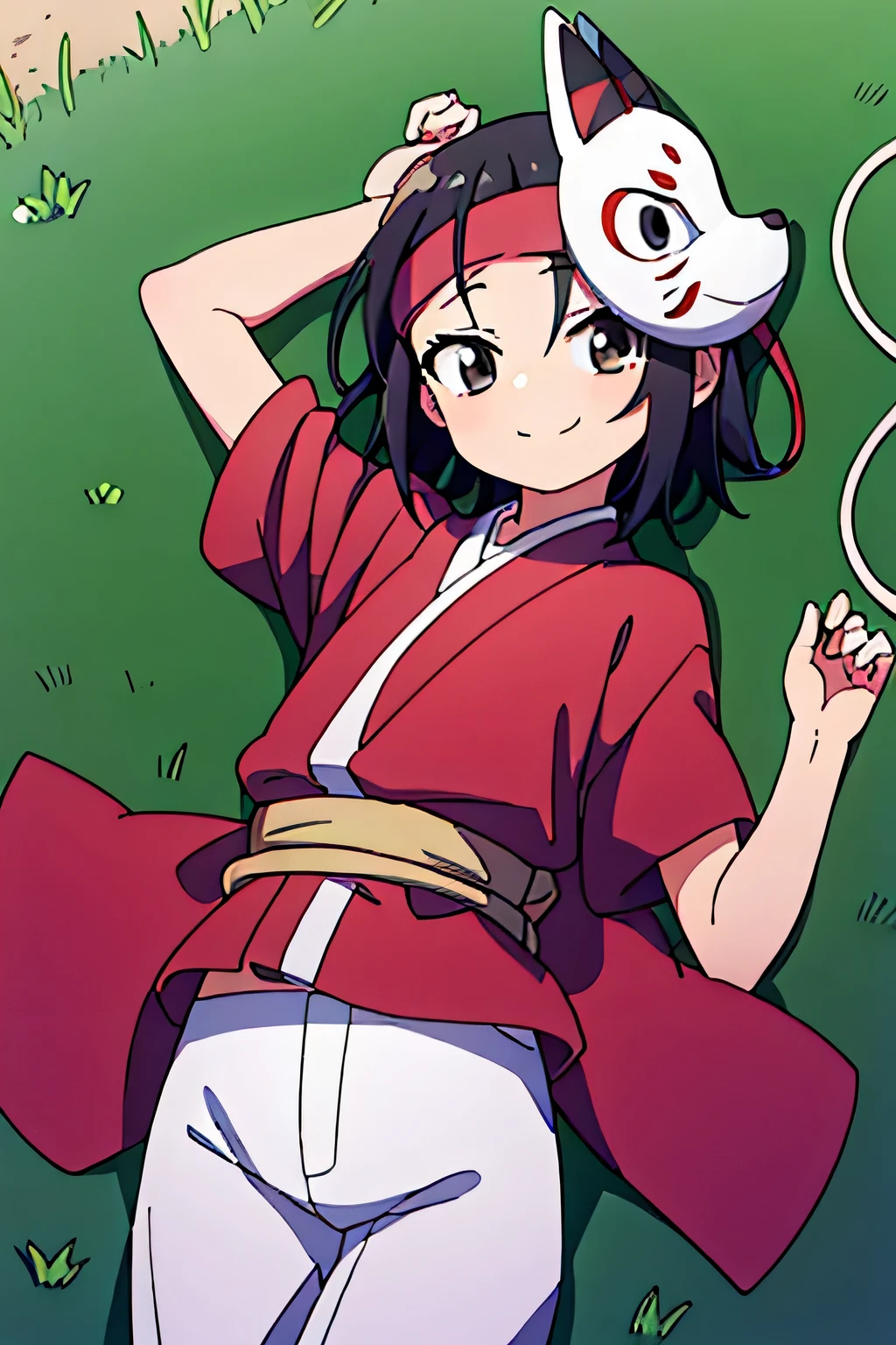 kunoichi_rindou, brown eyes, black hair, short hair, red kimono, short sleeves, white shorts, red headband, fox mask, mask on head, anime, closed mouth, solo, cowboy shot, lying, on back, on grass, spread arms, shy smile, arms up,
