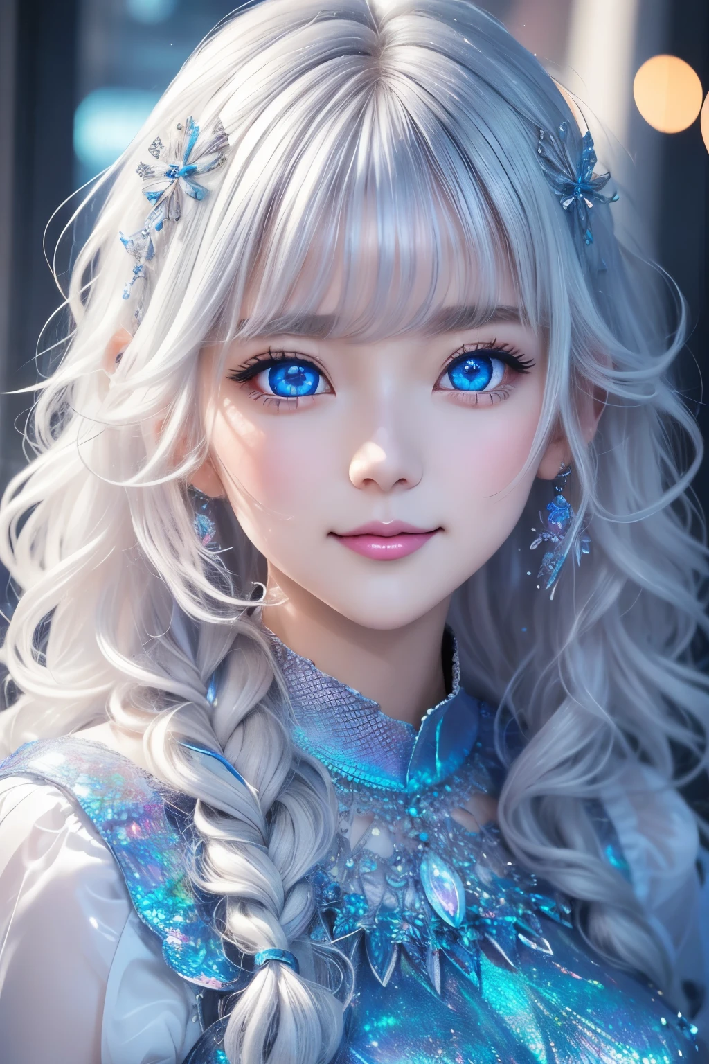 best quality, 32k, RAW photo, incredibly absurdres, extremely detailed, delicate texture, platinum-silver messy wavy medium hair, side braided, beautiful woman, shining blue big eyes, amorous and lewd expression, happy, shy, wearing iridescent white-based loose cute girly knit fashion, superlative body proportion, background fine stained glass kaleidoscope with a retro feel, iridescent pastel colour, wind
