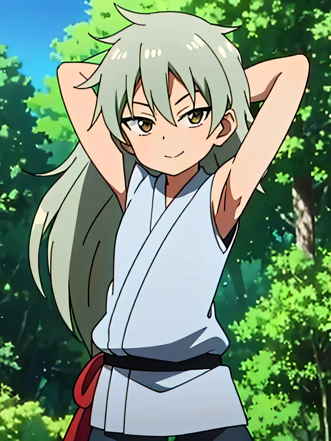 kunoichi_oniyuri, brown eyes, gray hair, long hair, japanese clothes, anime, closed mouth, solo, cowboy shot, night sky, forest, arms behind head, contrapposto, shy smile, spread armpits, shy smile, 