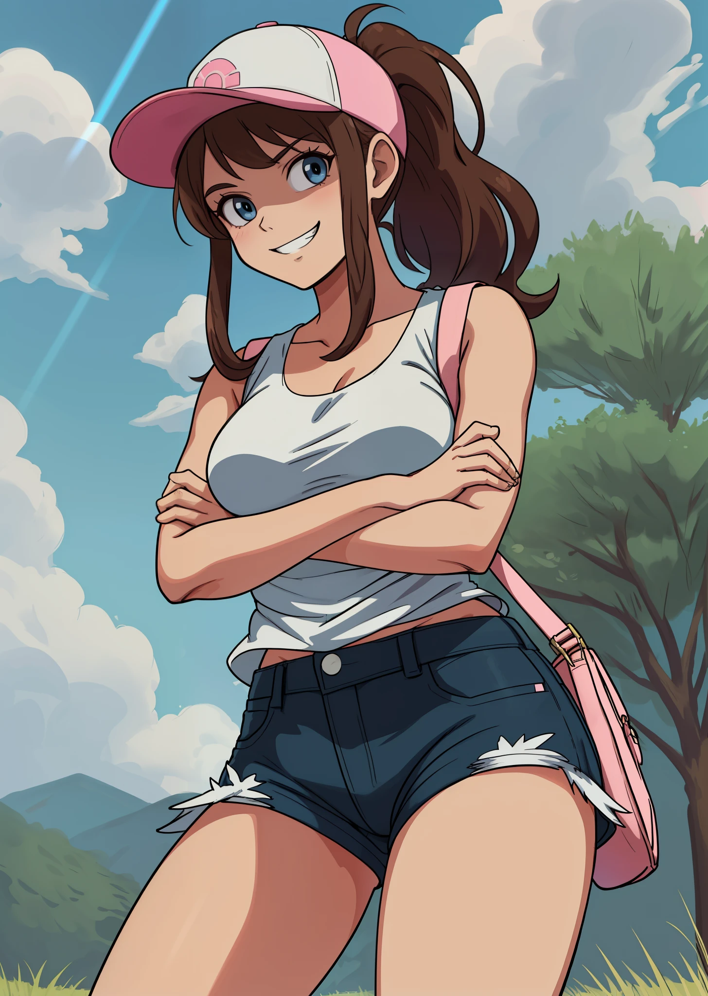 [Hilda], [Pokemon], ((masterpiece)), ((HD)), ((high res)), ((solo portrait)), ((waist-up)), ((front view)), ((detailed shading)), ((soft textures)), ((intricate details)), ((anime girl)), ((cinematic)), {attractive; (brown hair), (long ponytail), (cute blue eyes), (curvy hips), (beautiful legs), (cute grin)}, {(white tank top), (black sleeveless vest), (short denim shorts), (exposed pockets), (white baseball cap with pink brim), (pink satchel)}, {(standing), (crossed arms), (looking at viewer)}, [background; (grass plains), (sun rays), (blue sky), (clouds in sky), (ambient lighting)]