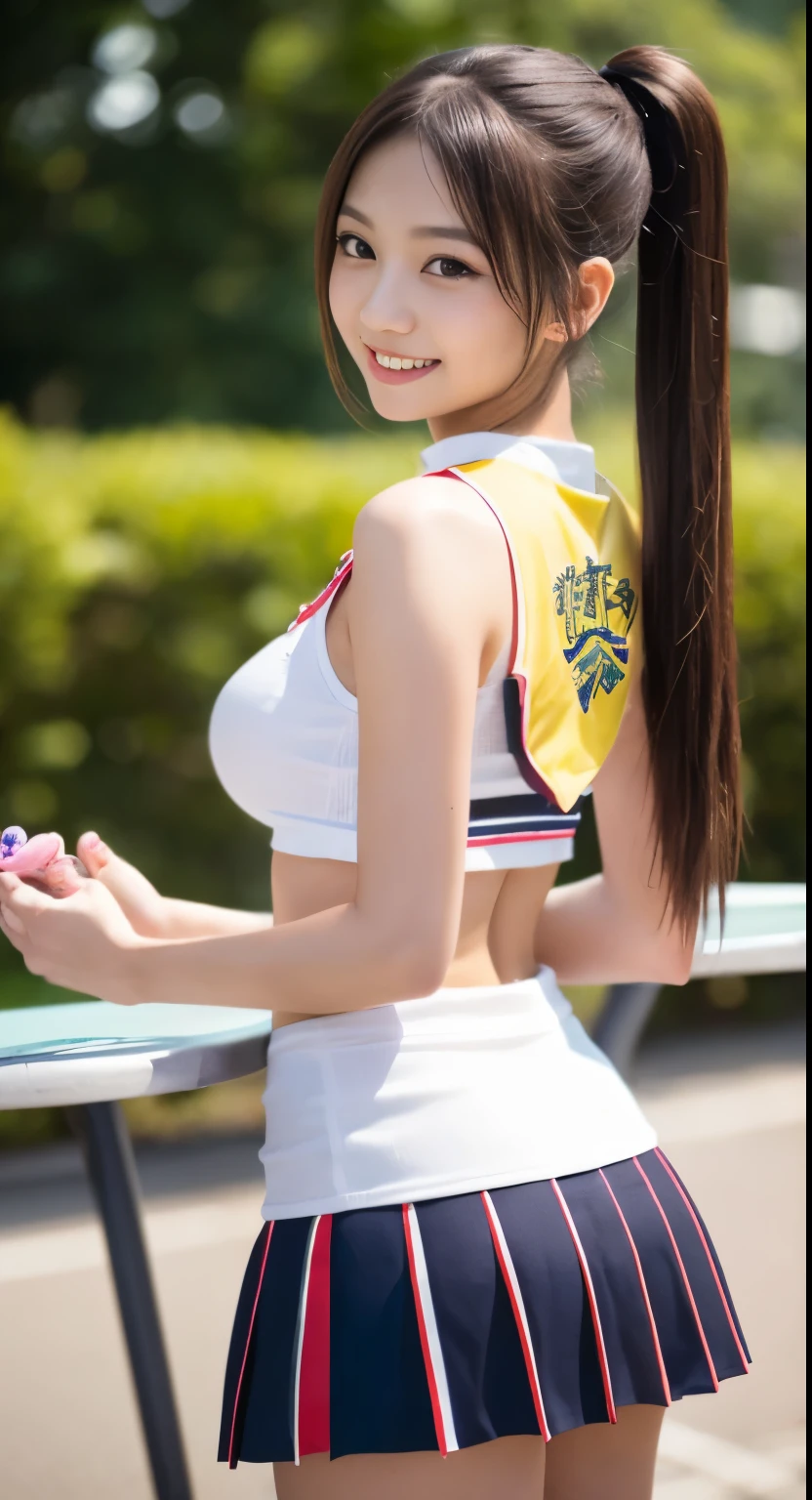 Pants visible from skirt, (japanese cheerleader:1.3), Close-up,  photograph, big breasts, (12 years old), young face, cute face, RAWphotograph, highest quality, High resolution, (table top), (photographrealistic:1.37), Professional photographgraphy, sharp focus, nffsw, 8K resolution, intricate details, Depth of bounds written, Highly detailed CG Unity 8K wallpaper, front light, NSFW, woman, girl, beautiful supermodel, smile, thin, (Vivid poses:1.3), Rear view, thighs thighs thighs, (twin tails, ponytail, Scrunchie:1.3), (super long hair:1.3), shot from the ground, (Please put the bonbon on your hands only.:1.6)