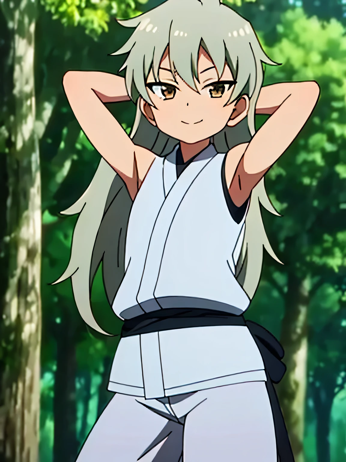 masterpiece, best quality, kunoichi_oniyuri, brown eyes, gray hair, long hair, japanese clothes, anime, closed mouth, solo, cowboy shot, night sky, forest, arms behind head, contrapposto, shy smile, spread armpits, shy smile,