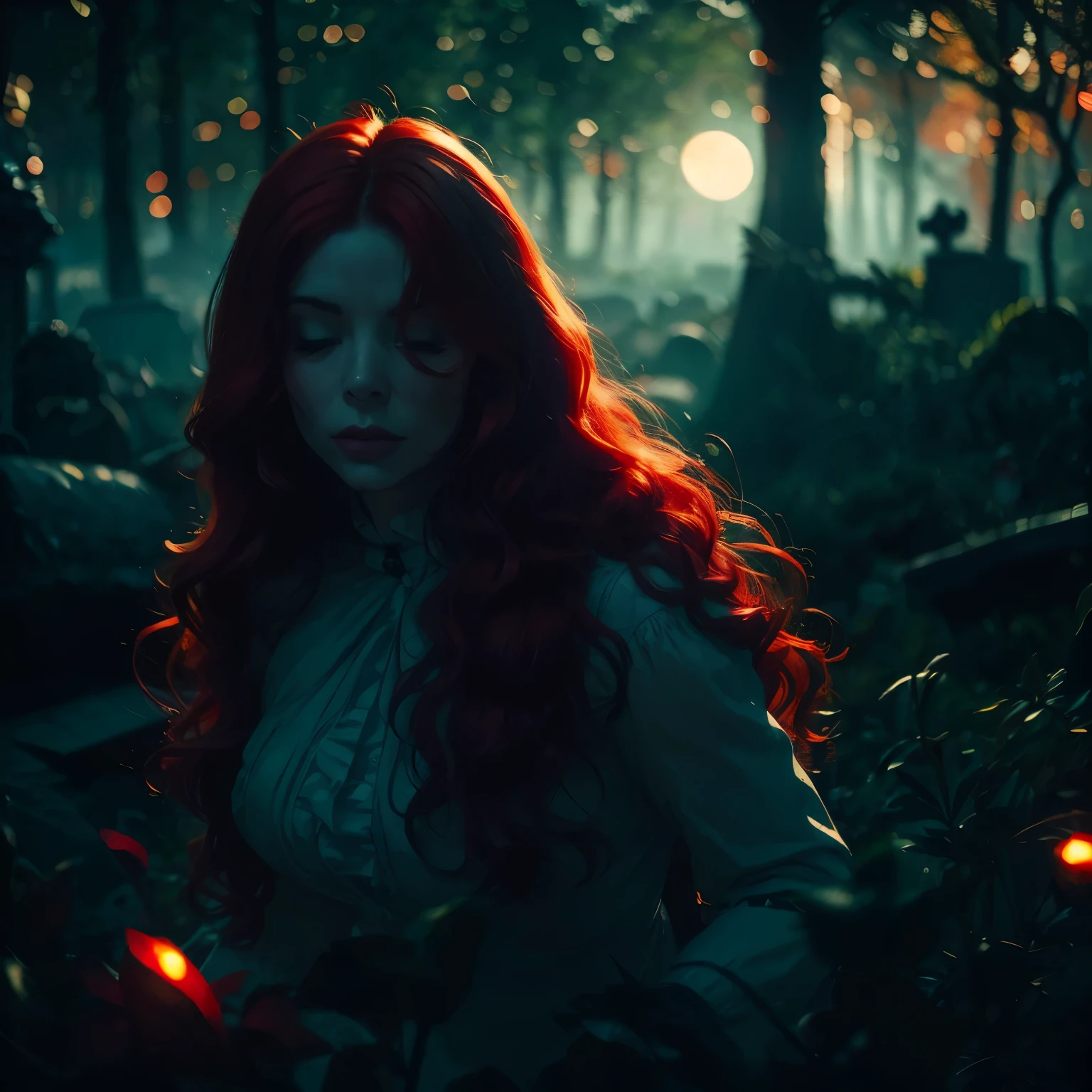 a spectral women like a gohst, red hair, 1girl, solo (aesthetic:1.2) detailed girl, vibrant red, (BOKEH) dreamy cemetery background, (pov) engaging perspective, captivating gaze, dappled moonlight, (deep, immersive) steam ambiance, (artistically) blurred foreground, (dramatic) atmosphere, mist, (secretive) mystical encounter, 