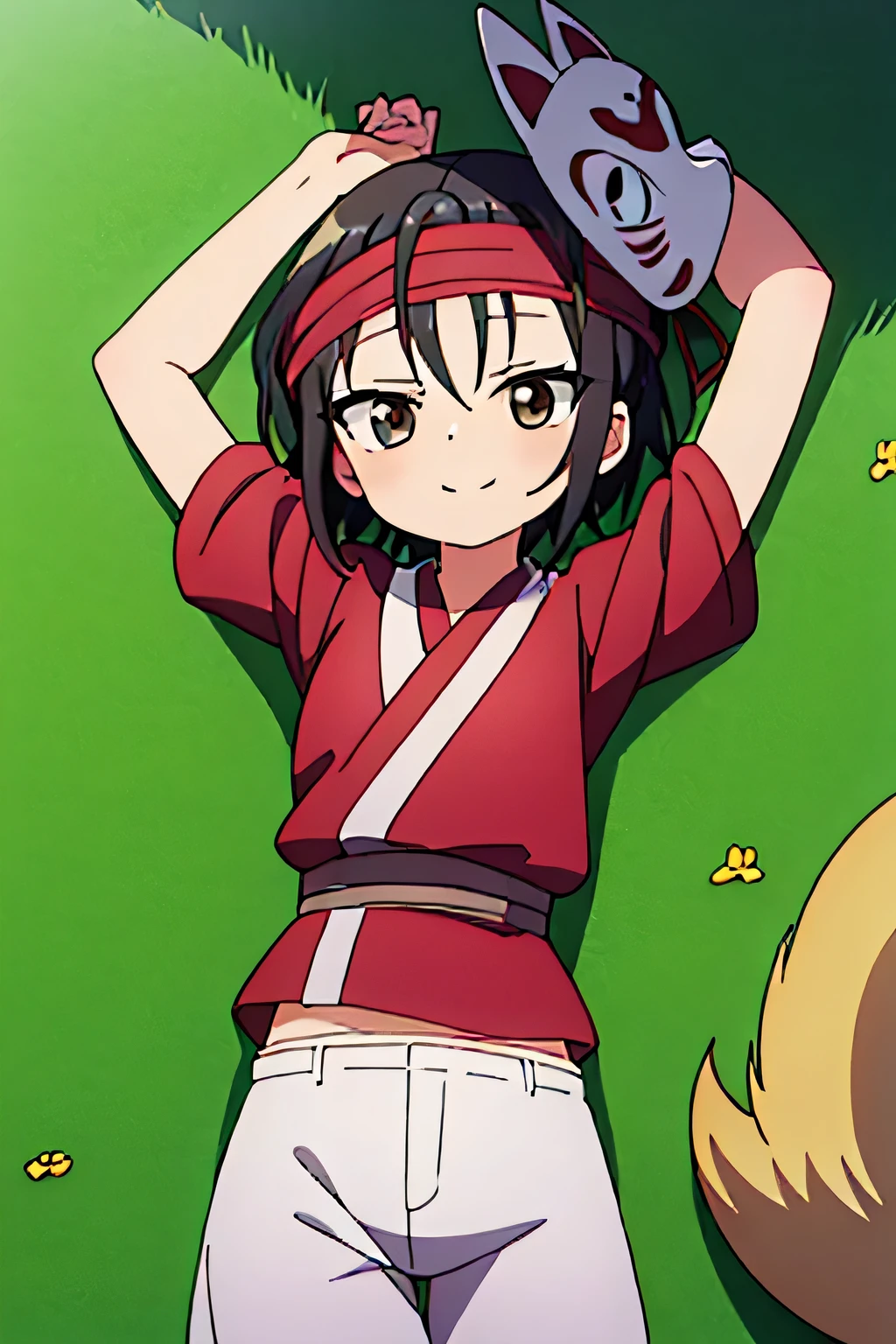 kunoichi_rindou, brown eyes, black hair, short hair, red kimono, short sleeves, white shorts, red headband, fox mask, mask on head, anime, closed mouth, solo, cowboy shot, lying, on back, on grass, spread arms, arms up, shy smile,