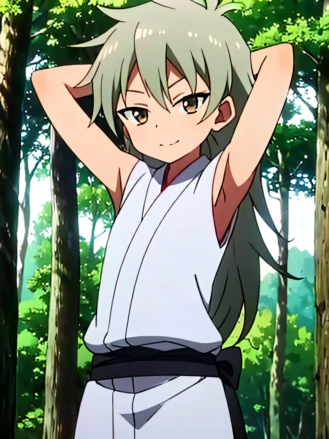 masterpiece, best quality, kunoichi_oniyuri, brown eyes, gray hair, long hair, japanese clothes, anime, closed mouth, solo, cowboy shot, night sky, forest, arms behind head, contrapposto, shy smile, spread armpits, shy smile,