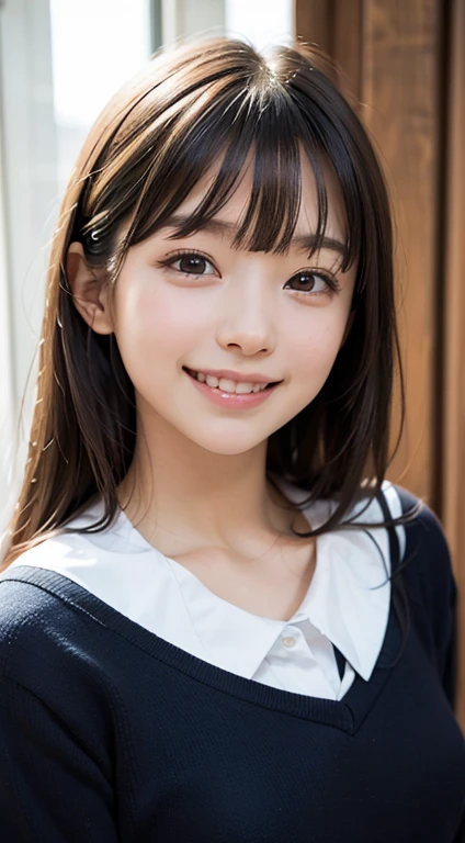 (girl:1.2),(School uniform)straight hair(young face:1.3)(bangs:1.5)()(),(slim body:1.4),best quality, masterpiece, ultra high res, (photorealistic:1.4), RAW photo(big smile:1.2)
