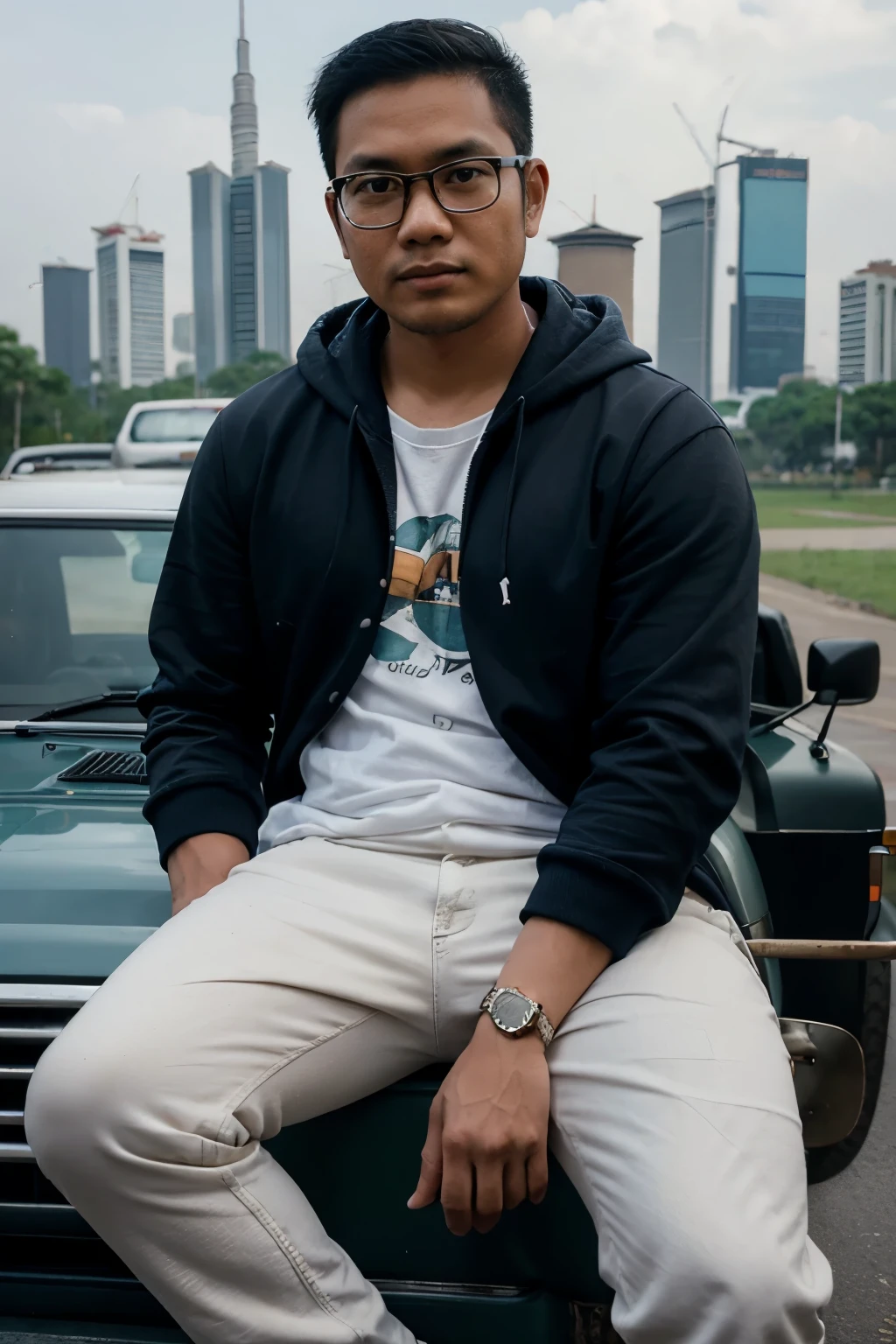 An Indonesian buginese man (30 years old, oval and clean face, fair complexion, glasses, slightly chubby) wearing a hoodie, jeans, converse, sitting on the hood of a jeep, with the twin towers of Malaysia in the background.