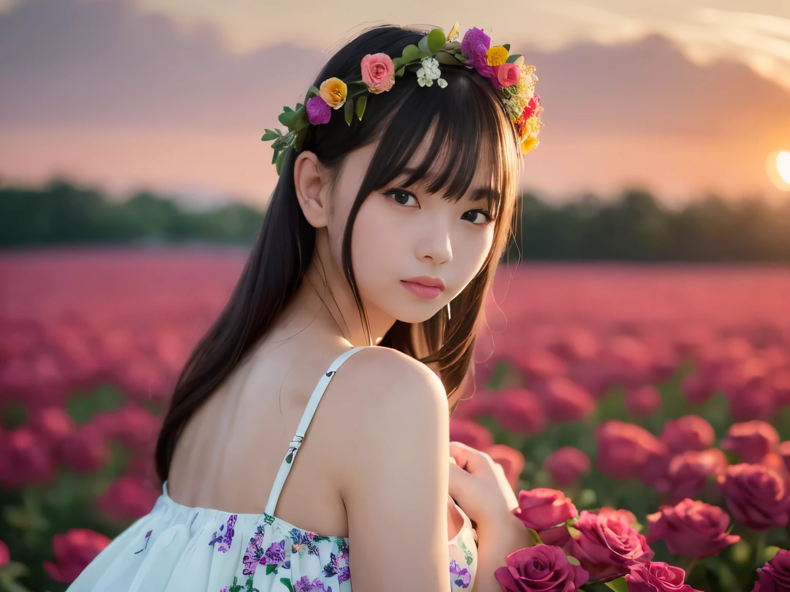 slim body, 20 years old, twilight rays, wedding dress, corolla, ((Tokugawaen)), rose front bokeh, bokeh, photorealistic, surrounded by red roses, background, dark, smiling, (one girl), (sunset: 1.3), (8k, raw photography, best quality, masterpiece: 1.2), (realistic, photorealistic: 1.37), best quality, ultra high resolution, (focus surface:1.8), (Portrait:1.7), (Intense:1.1), (Details:1.1), (Highest Quality), (Analog:1.2), (High Sharp), Canon EOS R Photography, (Summer Dress:1.4), (Standing in a Flower Garden:1.3), (Vivid and Colorful:1.3)
