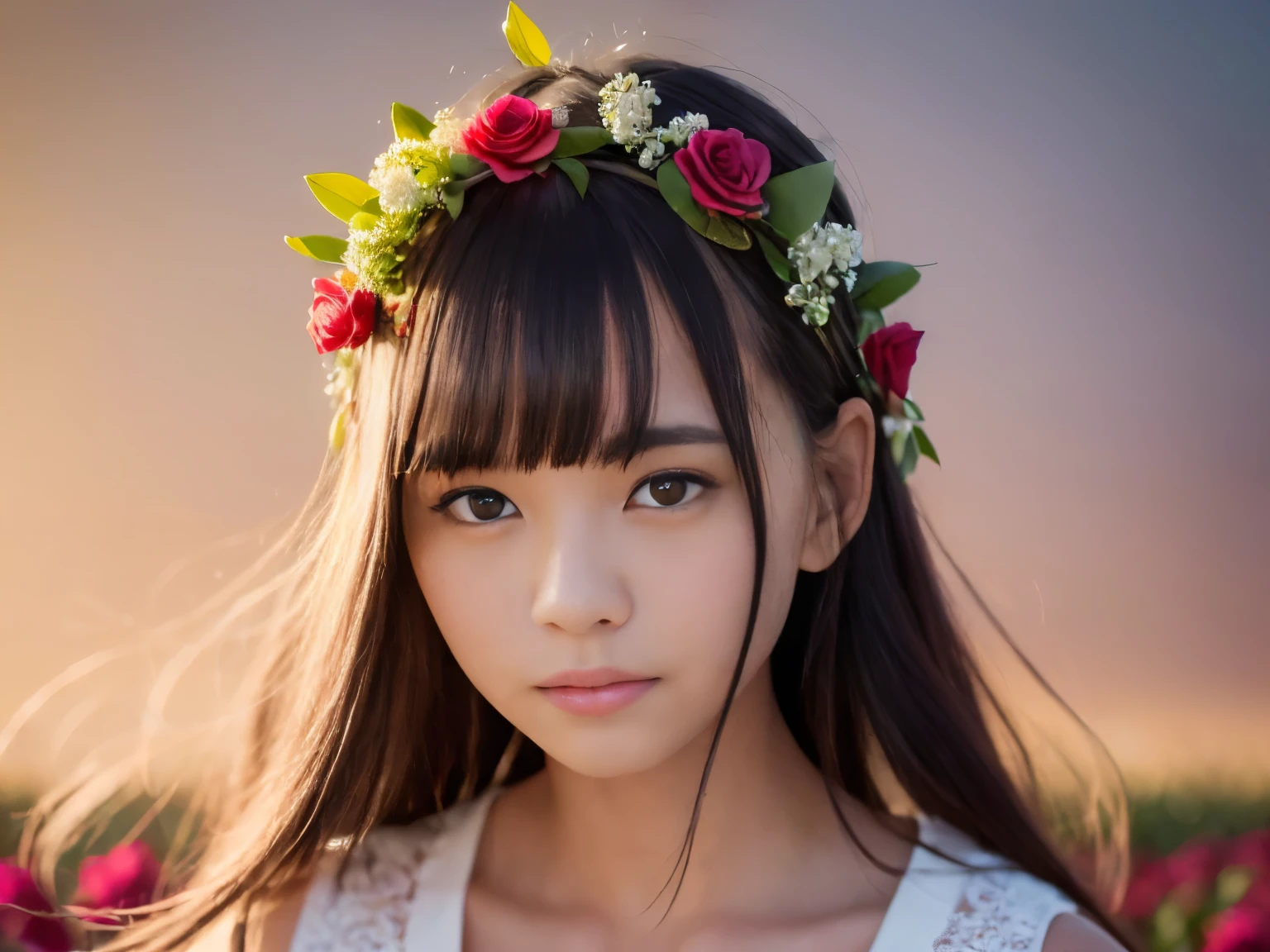 20 years old, twilight rays, (((rose print black underwear)), flower crown, (((Tokugawaen)), rose front bokeh, bokeh, photorealistic, surrounded by roses, background dark, smiling, (one girl), (sunset: 1.3), (8k, RAW photo, best quality, masterpiece: 1.2), (realistic, photorealism: 1.37), best quality, ultra high resolution, (focus plane: 1.8), ( Portrait: 1.7), (Intense:1.1), (Details:1.1), (Highest Quality), (Analog:1.2), (High Sharp), Canon EOS R Photography, (Summer Dress:1.4), (Standing in a Flower Garden:1.3), (Vivid and Colorful:1.3)