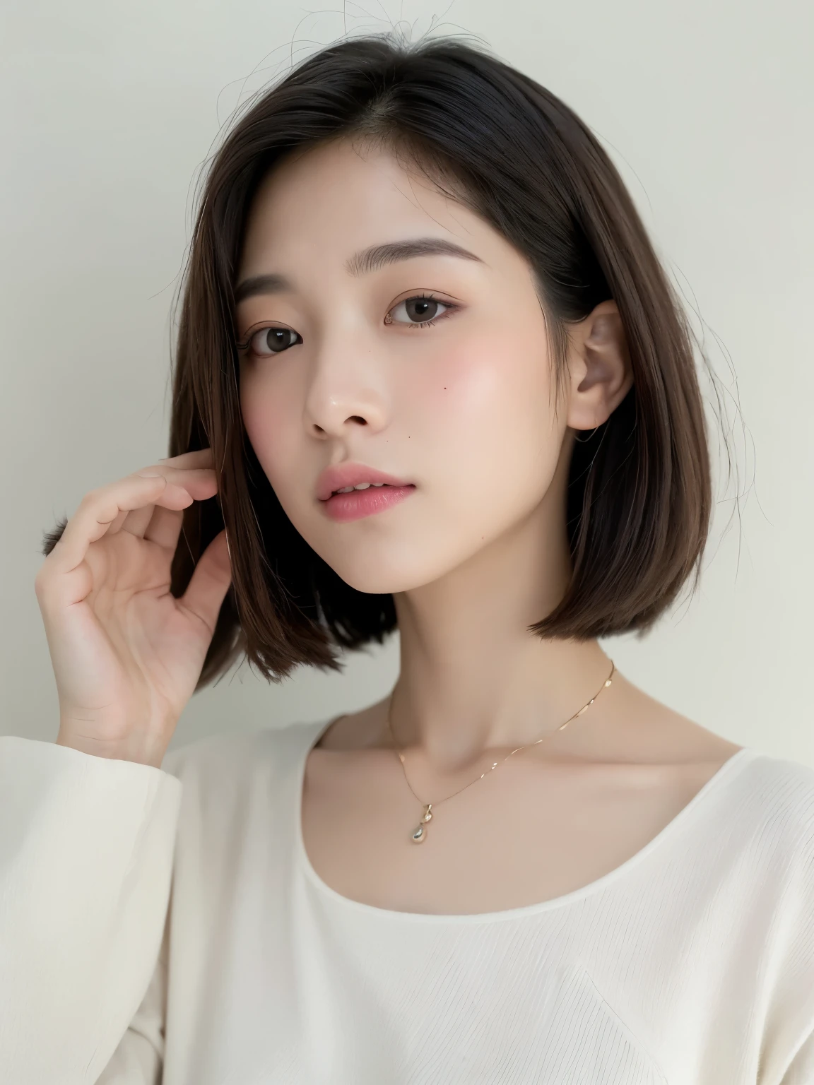 (highest quality、8K、32K、masterpiece、nffsw:1.2)、Photos of Japan women、very short bobbed hair、Upper body、surface focus、simple necklace、simple background、From above、looking at the viewer、mix 4、(8K、Raw photo、highest quality、masterpiece:1.2)、(realistic、Photoreal:1.37)、1 girl、professional lighting、photon mapping、Physically based rendering、excellent image quality、High resolution、1080P、(clean face)、(Detailed facial description)、(detailed description of hands)、(Masseter muscle part)、(Detailed CG)、 masterpiece、rich details、(exquisite features)、(best image quality)、(masterpiece)、(detailed eye)、looking forward to your eyes、delicate clavicle、Versatile poses、Don'don't watch the mela、profile、white wall、Taken in front of the white door、(窓のあるwhite wallの部屋)、simple necklace、Long sleeve dresses、pastel colored spring clothes