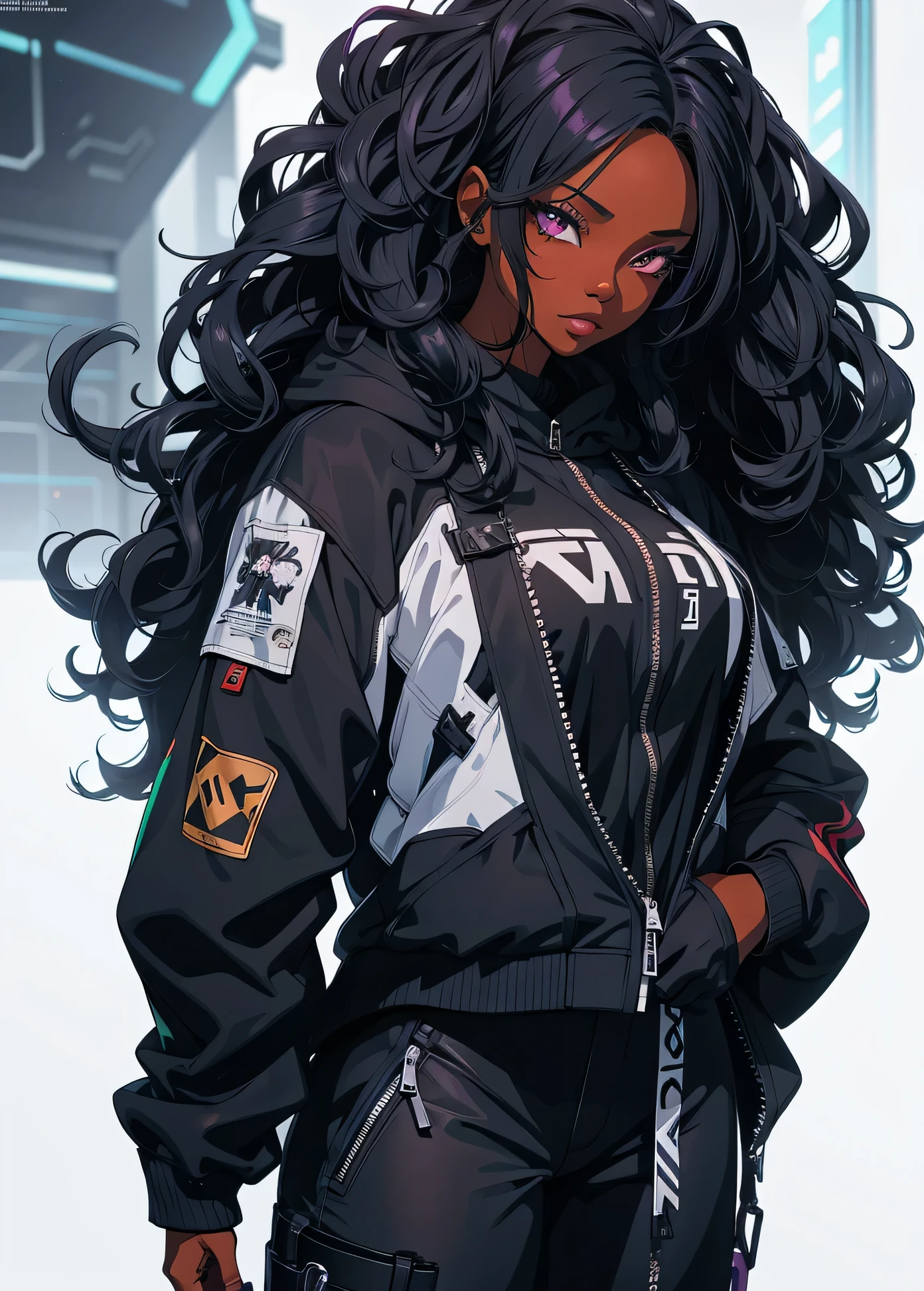 a woman with long black hair wearing a jacket and pants, African American skin, girl fanart, she is wearing streetwear, detailed anime character art, highly detailed character design, in style of digital illustration, anime style character, high quality character design, anime style illustration, cyberpunk anime girl in hoodie, purple long curly hair, rossdraws | afrofuturism