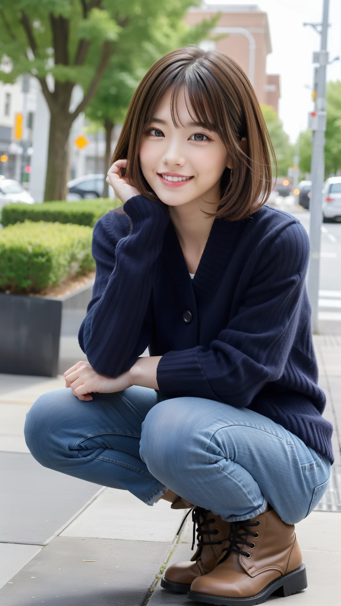 Photo taken by a professional photographer，laughter:1.5，Close-up of a woman squatting on the sidewalk, wearing a sweater, Short-cut brown hair, hair is disheveled，young and cute girl, Wearing a super super super super super super super mini skirt:1.5，Wear stylish boots，sit on a park bench:1.5，Fancy makeup with red eyeshadow，Beautiful thighs are visible，I can see white panties，