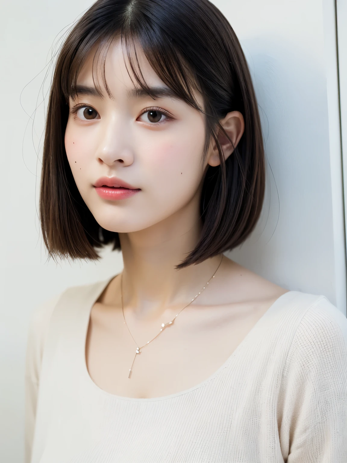 (highest quality、8K、32K、masterpiece、nffsw:1.2)、Photos of Japan women、shortcut、short hair、very short bobbed hair、Upper body、surface focus、simple necklace、simple background、From above、looking at the viewer、mix 4、(8K、Raw photo、highest quality、masterpiece:1.2)、(realistic、Photoreal:1.37)、1 girl、professional lighting、photon mapping、Physically based rendering、excellent image quality、High resolution、1080P、(clean face)、(Detailed facial description)、(detailed description of hands)、(Masseter muscle part)、(Detailed CG)、 masterpiece、rich details、(exquisite features)、(best image quality)、(masterpiece)、(detailed eye)、looking forward to your eyes、delicate clavicle、Versatile poses、Don'don't watch the mela、profile、white wall、Taken in front of the white door、(窓のあるwhite wallの部屋)、simple necklace、Long sleeve dresses、pastel colored spring clothes
