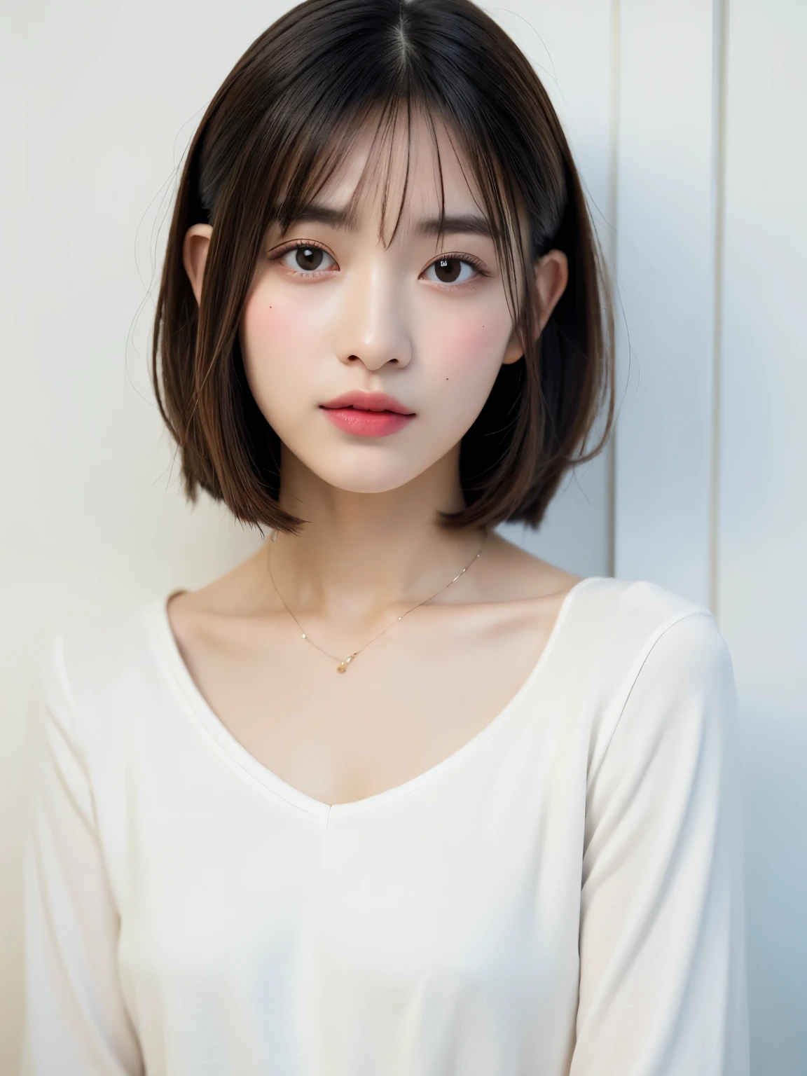(highest quality、8K、32K、masterpiece、nffsw:1.2)、Photos of Japan women、shortcut、short hair、very short bobbed hair、Upper body、surface focus、simple necklace、simple background、From above、looking at the viewer、mix 4、(8K、Raw photo、highest quality、masterpiece:1.2)、(realistic、Photoreal:1.37)、1 girl、professional lighting、photon mapping、Physically based rendering、excellent image quality、High resolution、1080P、(clean face)、(Detailed facial description)、(detailed description of hands)、(Masseter muscle part)、(Detailed CG)、 masterpiece、rich details、(exquisite features)、(best image quality)、(masterpiece)、(detailed eye)、looking forward to your eyes、delicate clavicle、Versatile poses、Don'don't watch the mela、profile、white wall、Taken in front of the white door、(窓のあるwhite wallの部屋)、simple necklace、Long sleeve dresses、pastel colored spring clothes