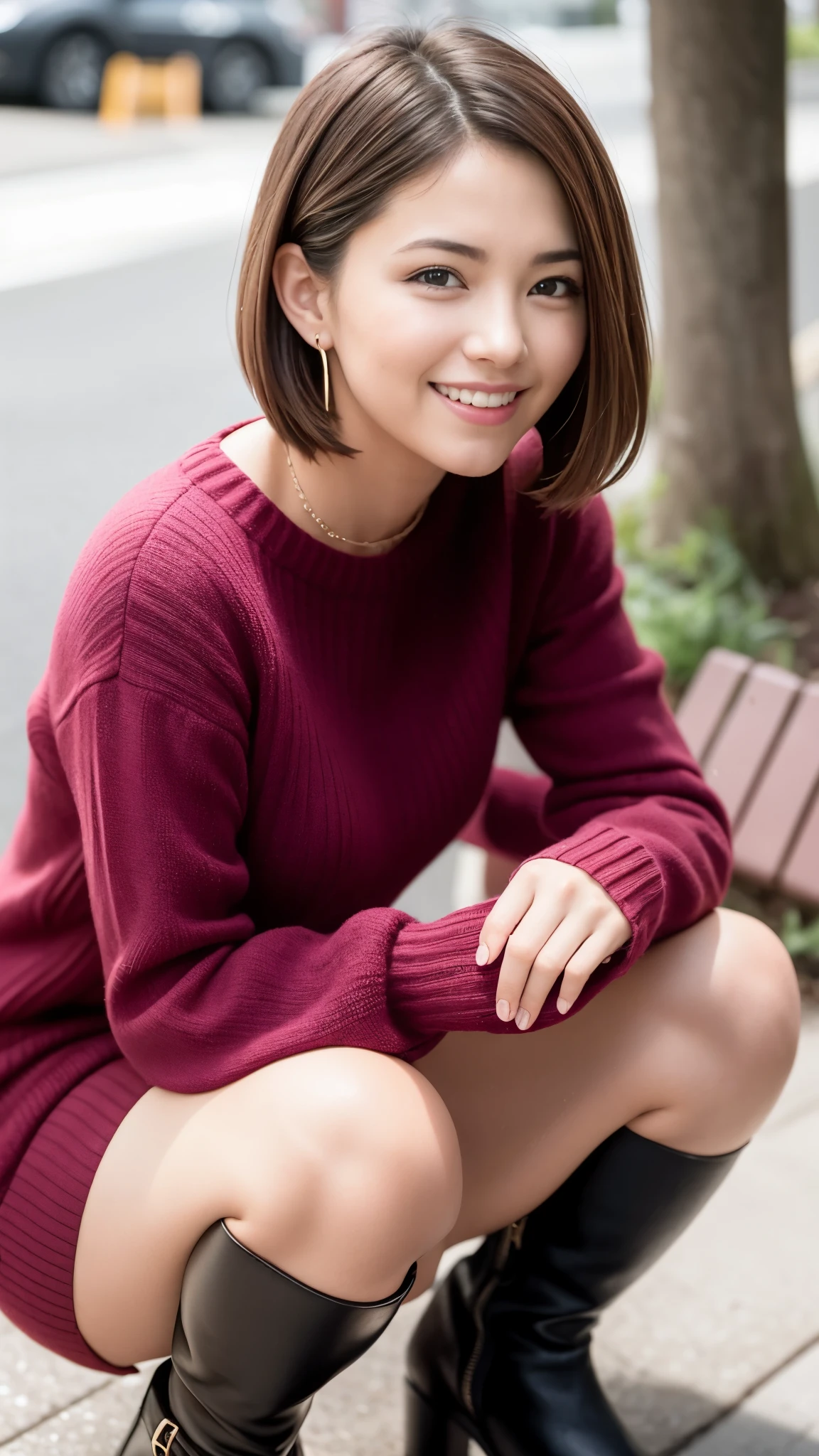 Photo taken by a professional photographer,laughter:1.5,Close-up of a woman squatting on the sidewalk, wearing a sweater, Short-cut brown hair, hair is disheveled,young and cute girl, Wearing a super super super super super super super mini skirt:1.5,Wear stylish boots,sit on a park bench:1.5,Fancy makeup with red eyeshadow,Beautiful thighs are visible,I can see white panties,