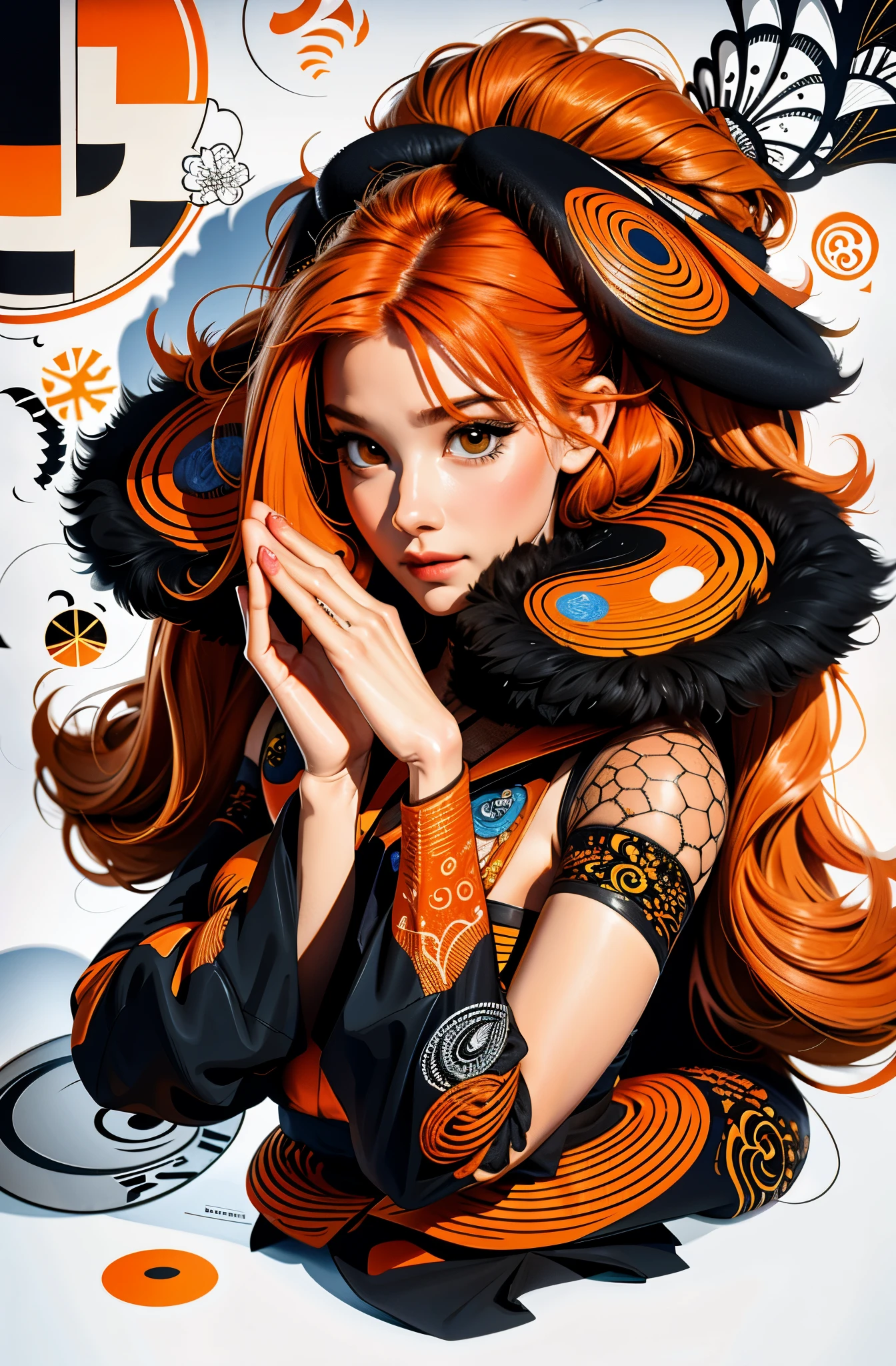 1girl,(orange_hair:1.1),(zentangle, mandala, tangle, entangle:0.6),(fractal art),the most beautiful form of chaos,brutalist designed,