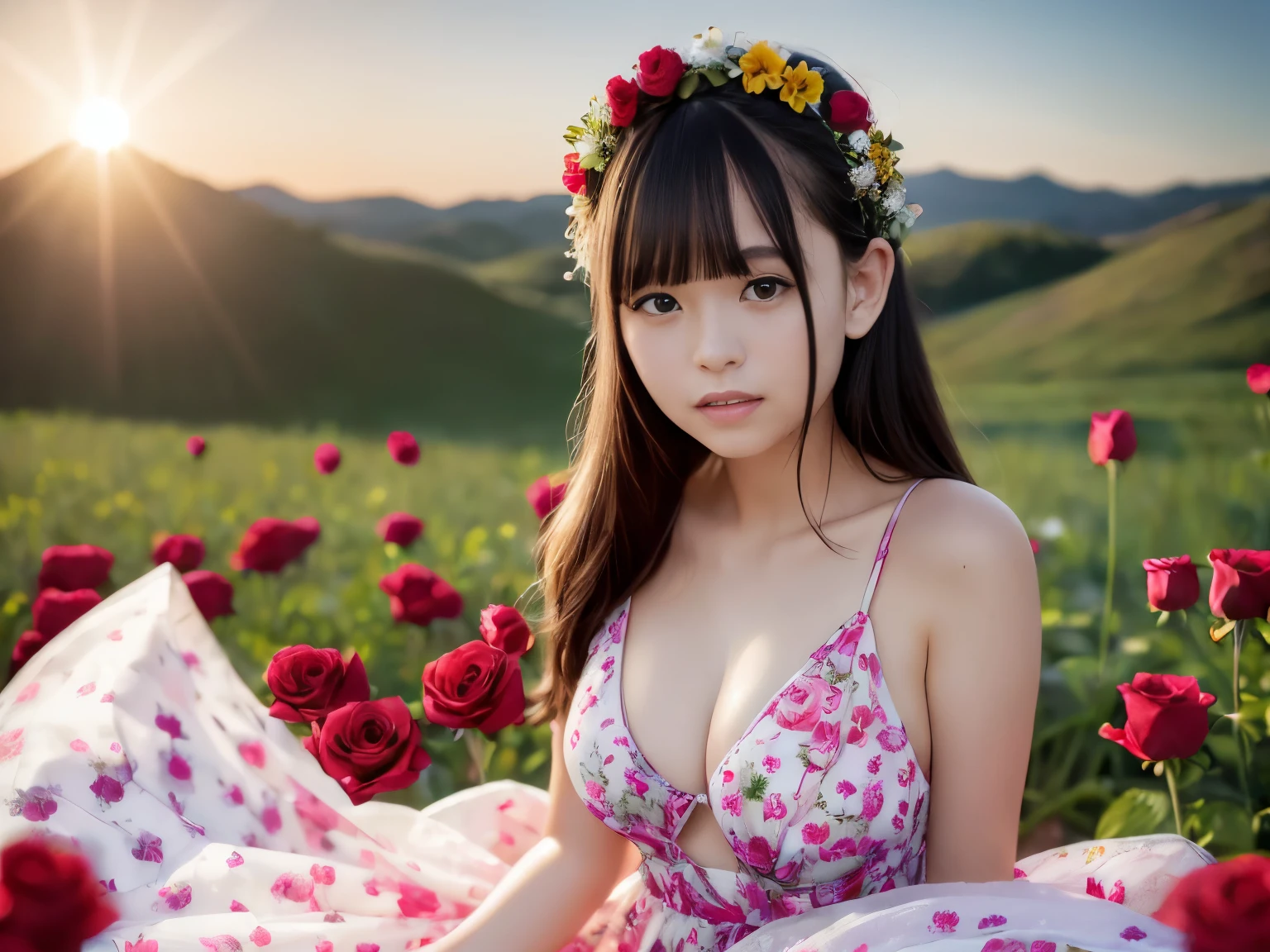 Because I'm slender, 15 years old, rays of light at dusk, rose print slip dress, flower crown, (((Tokugawaen)), rose front Bokeh, Bokeh, photorealistic, Surrounded by red roses, dark background, smile, (1 girl), (sunset: 1.3), (8K, Raw photo, highest quality, masterpiece: 1.2), (realistic, photorealistic: 1.37), highest quality, ultra high resolution, ( focus surface:1.8), (portrait:1.7), (intense:1.1), (detailed:1.1), (best image quality), (analog:1.2), (High Sharp), Canon EOS R Photos, (summer dress:1.4), (stand in a flower field: 1.3), (vivid and colorful:1.3)