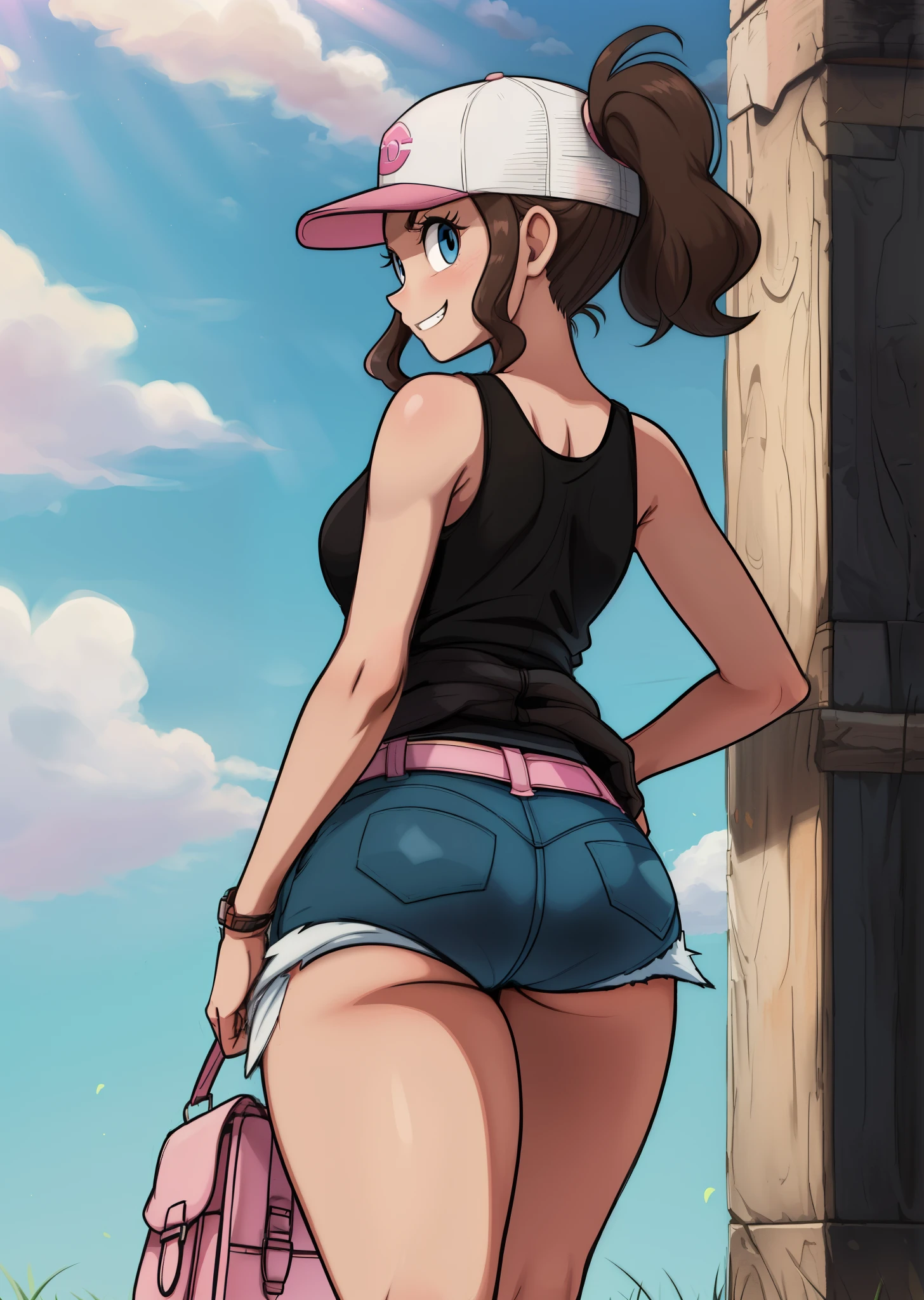 [Hilda], [Pokemon], ((masterpiece)), ((HD)), ((high res)), ((solo portrait)), ((waist-up)), ((back view)), ((detailed shading)), ((soft textures)), ((intricate details)), ((anime girl)), ((cinematic)), {attractive; (brown hair), (long ponytail), (cute blue eyes), (curvy hips), (beautiful legs), (cute grin)}, {(black tank top), (short denim shorts), (exposed pockets), (white baseball cap with pink brim), (pink satchel)}, {(standing), (looking back), (looking at viewer)}, [background; (grass plains), (sun rays), (blue sky), (clouds in sky), (ambient lighting)]