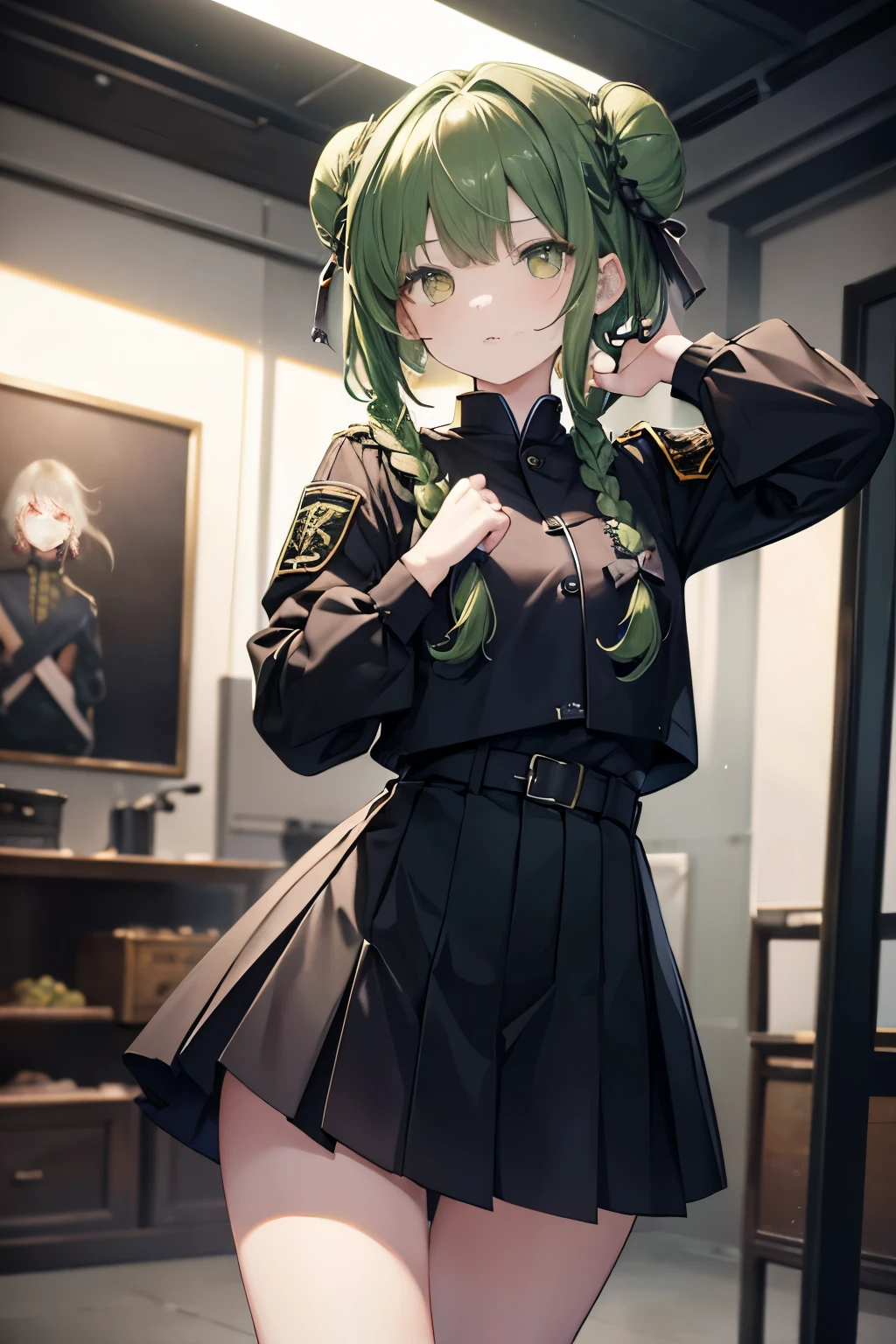 (masterpiece、highest quality)、blurred foreground,cool looking、Clothes that are easy to move around in、fighting style、Military uniform style、mini skirt,a 19 years old girl,beautiful eyes and face,Cool hairstyle, Lack of bangs on the face, braids and buns、Childhood expressions,Confident poses,urban background,dark green hair、dark-colored hair、bright yellow eyes、Artistic portrait,digital painting,Super detailed,expensive,Physically based rendering,Bright colors,studio lighting,sharp focus,It&#39;s blurry,photorealista、（whole body）.