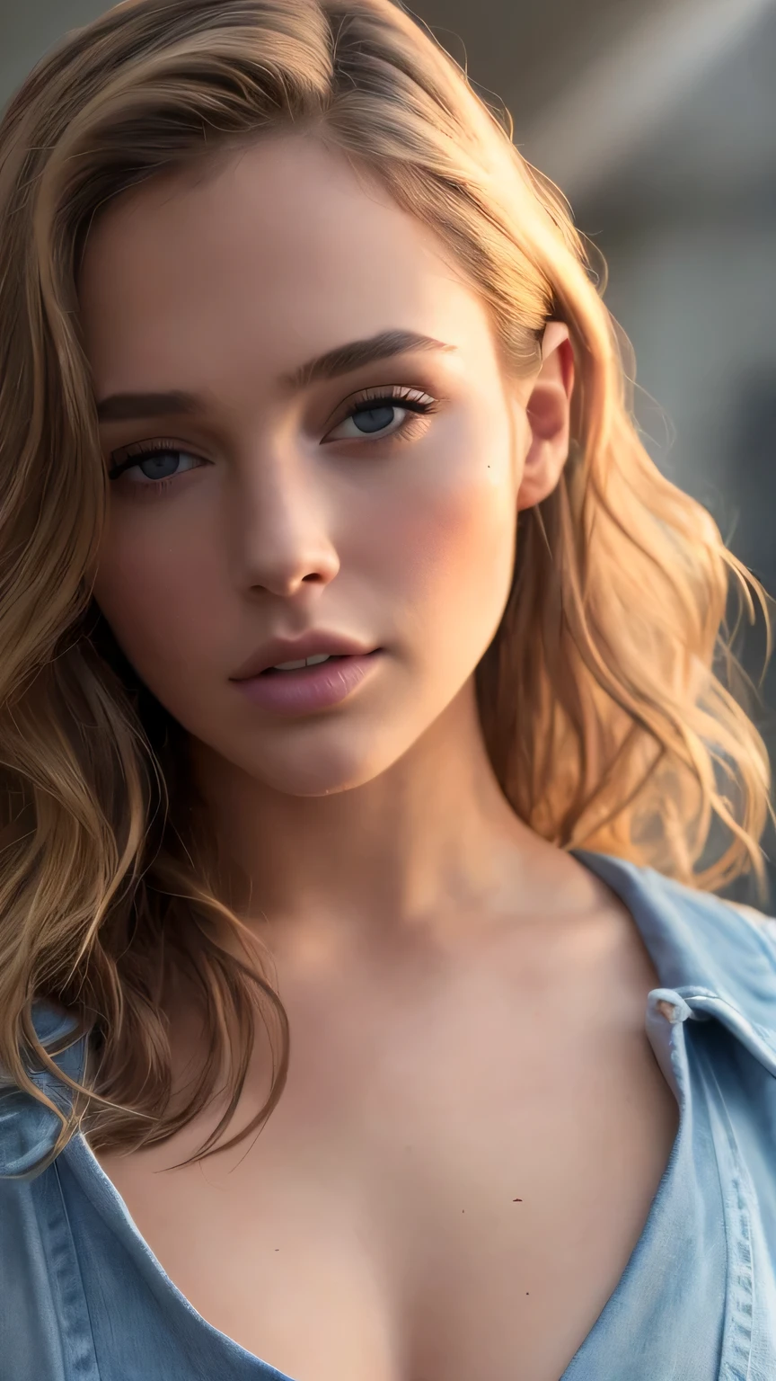 (8K, RAW photo, 最high quality, masterpiece), 超High resolution, (realistic, photo-realistic), 1 girl, emotionless, alone, Blonde long wavy hair, black eye, professional lighting, detailed lighting, Backlight, Depth of written boundary, Natural light, sharp focus, Focusing distance: 2 meters, professional photography, fine eyes, realistic eyes, detailed shadow, CG game, cosplay, White tank top type crop top with arm rings, Upper body, super short denim hot pants, exterior, crown, masterpiece, 最high quality, high quality, High resolution､(((close up of face)))、Click here for the line of sight、sexy