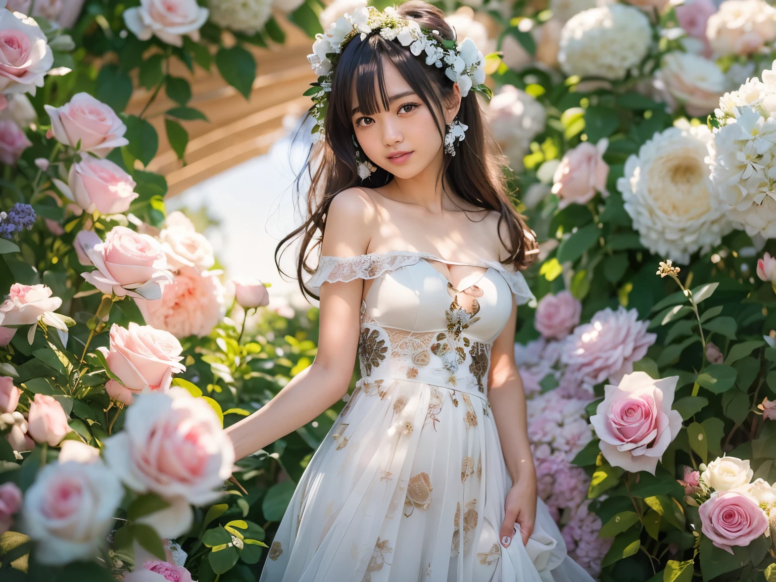 20 years old, twilight rays, wedding dress, flower crown, ((Tokugawa-en)), hydrangea fore bokeh, strong background bokeh, photorealistic, surrounded by colorful hydrangeas, background dark, looking at heaven with closed eyes, smiling, (1 girl), (sunset: 1.3), (8k, raw photography, best quality, masterpiece: 1.2), (realistic, photorealistic: 1.37), Best Quality, Ultra High Definition, (Focus Plane:1.8), (Portrait: 1.7), (Details:1.1), (Highest Quality), (Analog:1.2), (High Sharp), (Summer Dress:1.4), (Standing in a Flower Garden:1.3), (Bright and Colorful:1.3)