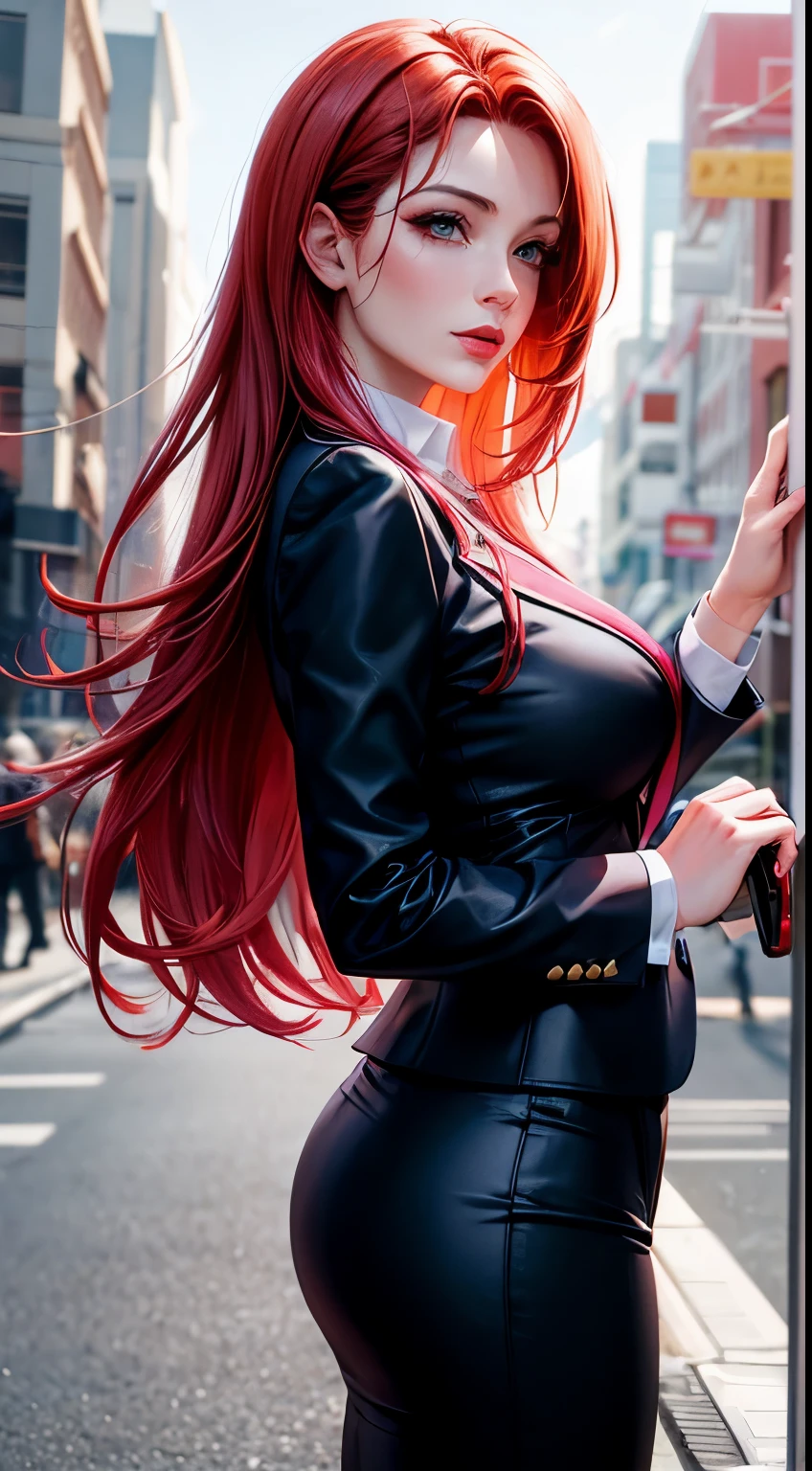 Woman, 30 years, adult, gradient red hair, sexy lawyer, lawyer clothes, nigth, soft ligth, pink lips, face detail, fromabove, fingers --style realistic-imagine -