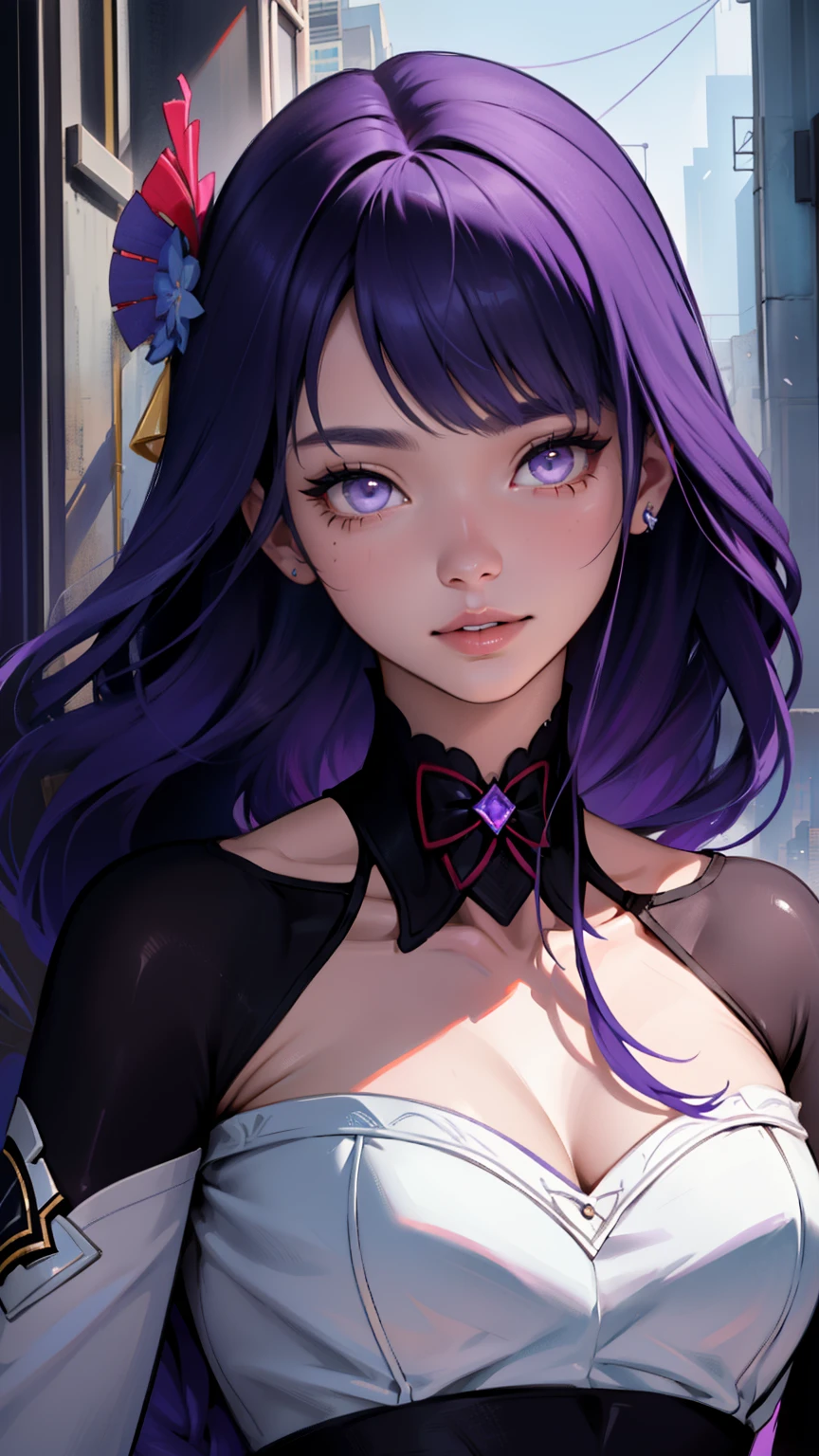1 girl, Blunt bangs, Braiding, Wide sleeves, hair ornaments,Obi says, (Purple Hair:1.2), Very long hair, Straight hair, Looking at the audience, Highly detailed background, (Realistic:1.2), Beautiful Eyes, Red eyeshadow, thigh, (Urzan-6500:0.7), Upper Body, (alone:1.2), (Cyberpunk City:1.1), Cleavage,,Glowing Skin、(Navel exposed).((Face close-up))、((smile))、(Lace clothes).((Kiss with your eyes closed)).