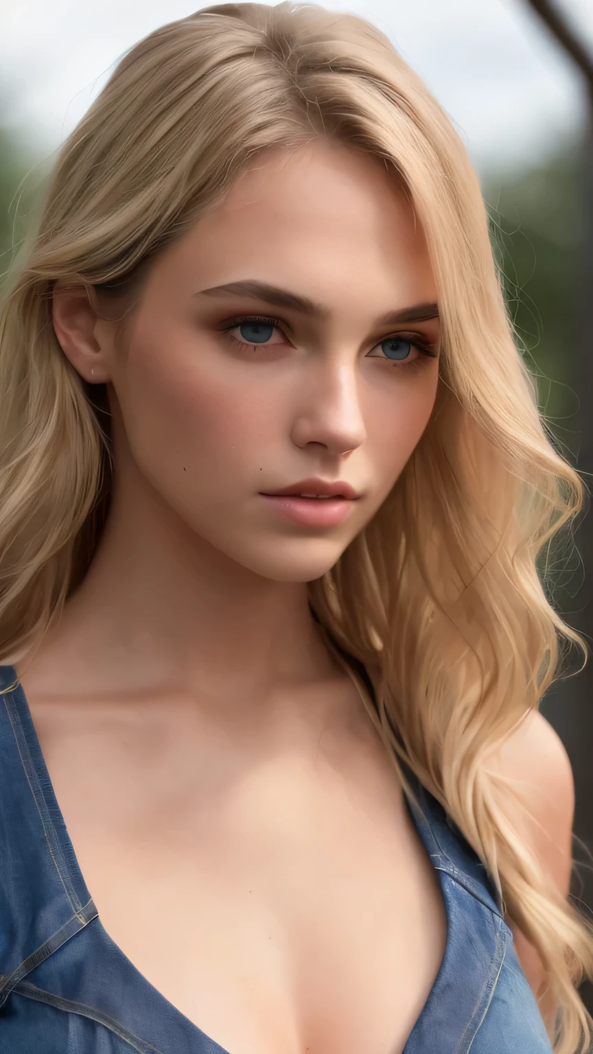 (8K, RAW photo, 最high quality, masterpiece), 超High resolution, (realistic, photo-realistic), 1 girl, emotionless, alone, Blonde long wavy hair, black eye, professional lighting, detailed lighting, Backlight, Depth of written boundary, Natural light, sharp focus, Focusing distance: 2 meters, professional photography, fine eyes, realistic eyes, detailed shadow, CG game, cosplay, White tank top type crop top with arm rings, Upper body, super short denim hot pants, exterior, crown, masterpiece, 最high quality, high quality, High resolution、(((close up of face)))、sexy