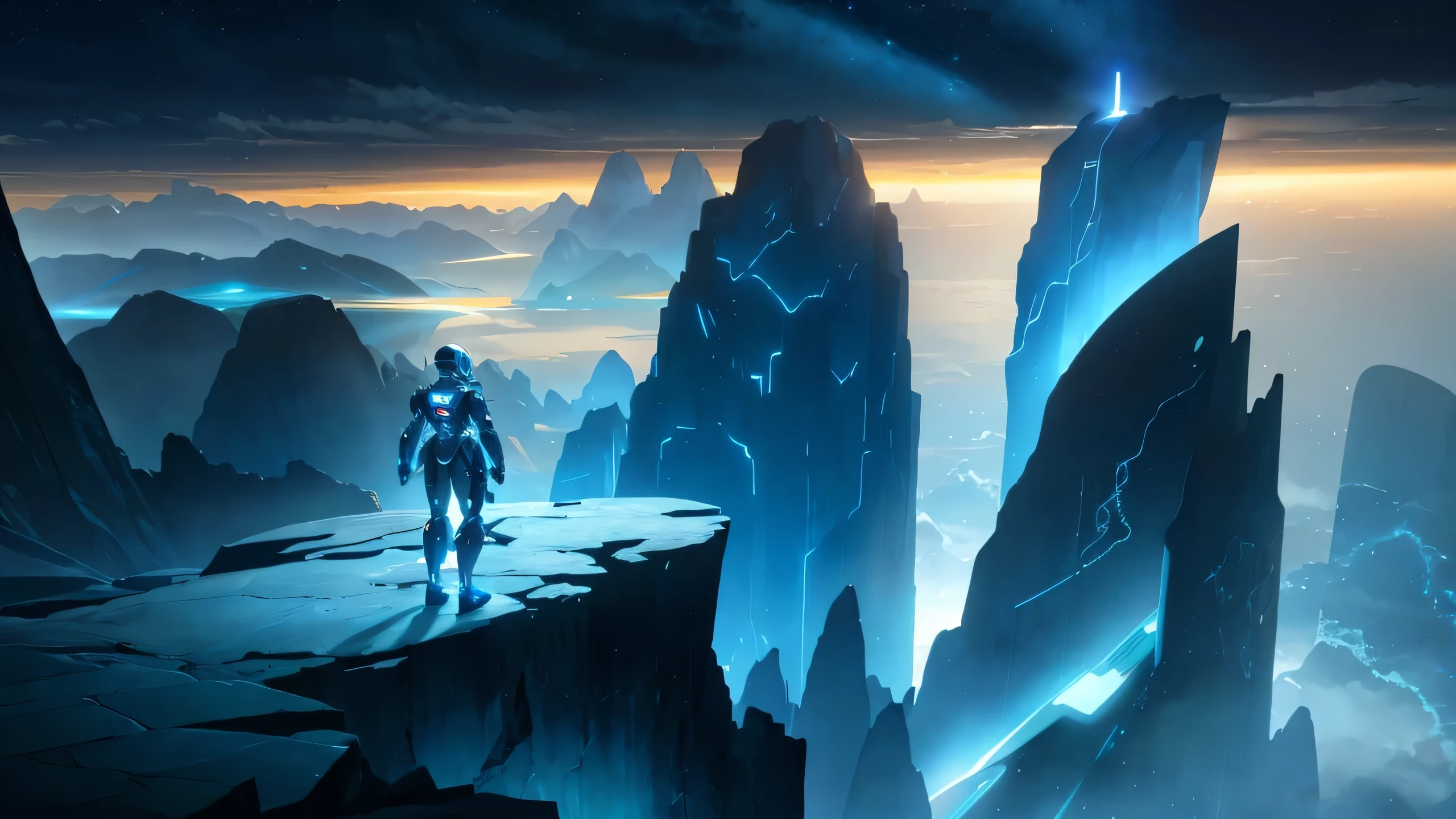 a humanoid robot stands on the edge of a cliff, empty wasteland without plants, the soil is dark blue, a futuristic sci-fi city with skyscrapers stands in front of the cliff, composition on the metal planet, dark blue storm clouds, light blue lightning from clouds, space sky, stars on the sky, realistic, watercolor, 4k, high quality, hight attention to details, concept art