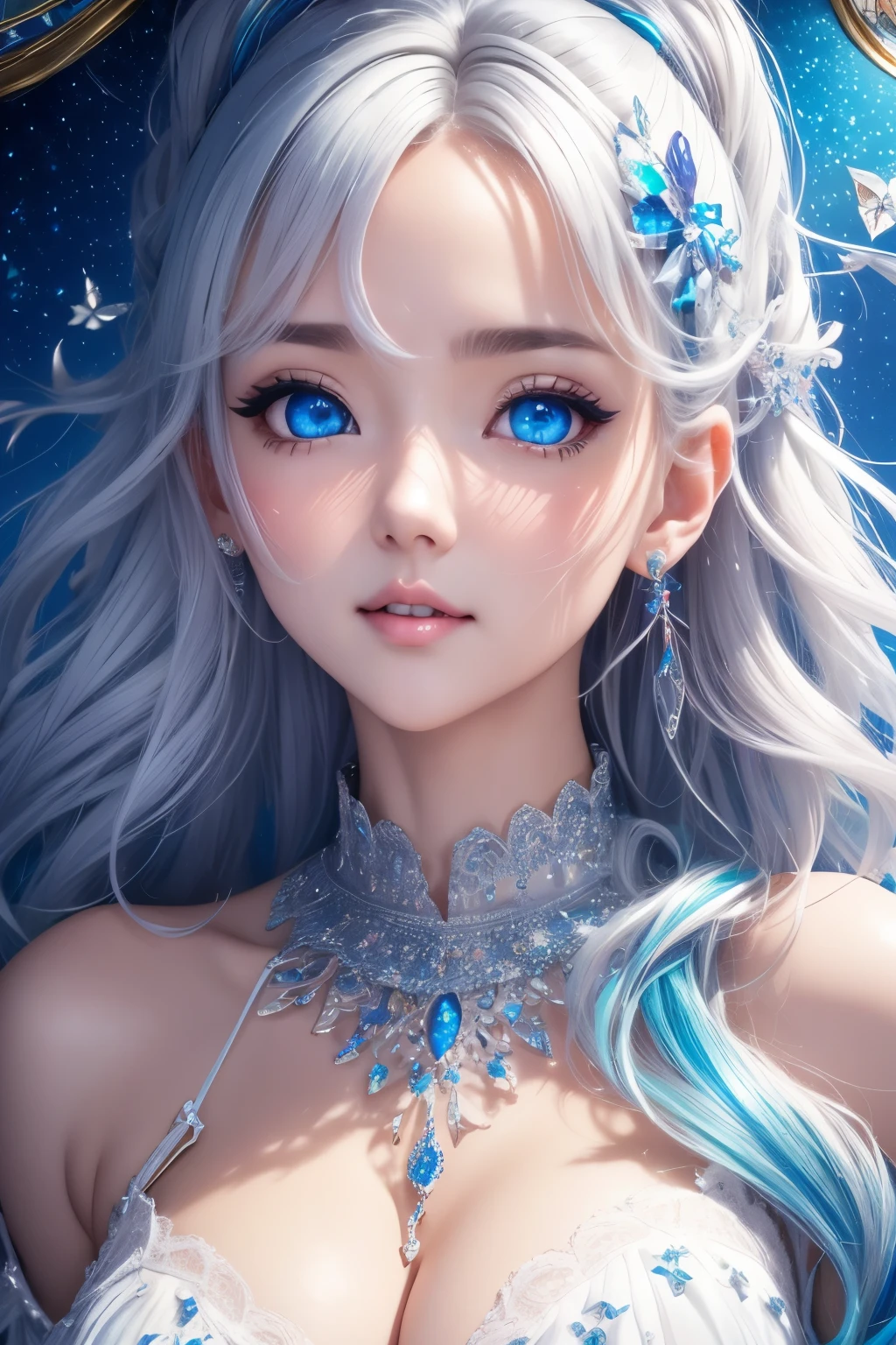best quality, 32k, RAW photo, incredibly absurdres, extremely detailed, delicate texture, platinum-silver messy wavy medium hair, side braided, beautiful woman, shining blue big eyes, amorous and lewd expression, happy, shy, wearing iridescent white-based loose cute girly knit fashion, superlative body proportion, background fine stained glass kaleidoscope with a retro feel, iridescent pastel colour, wind