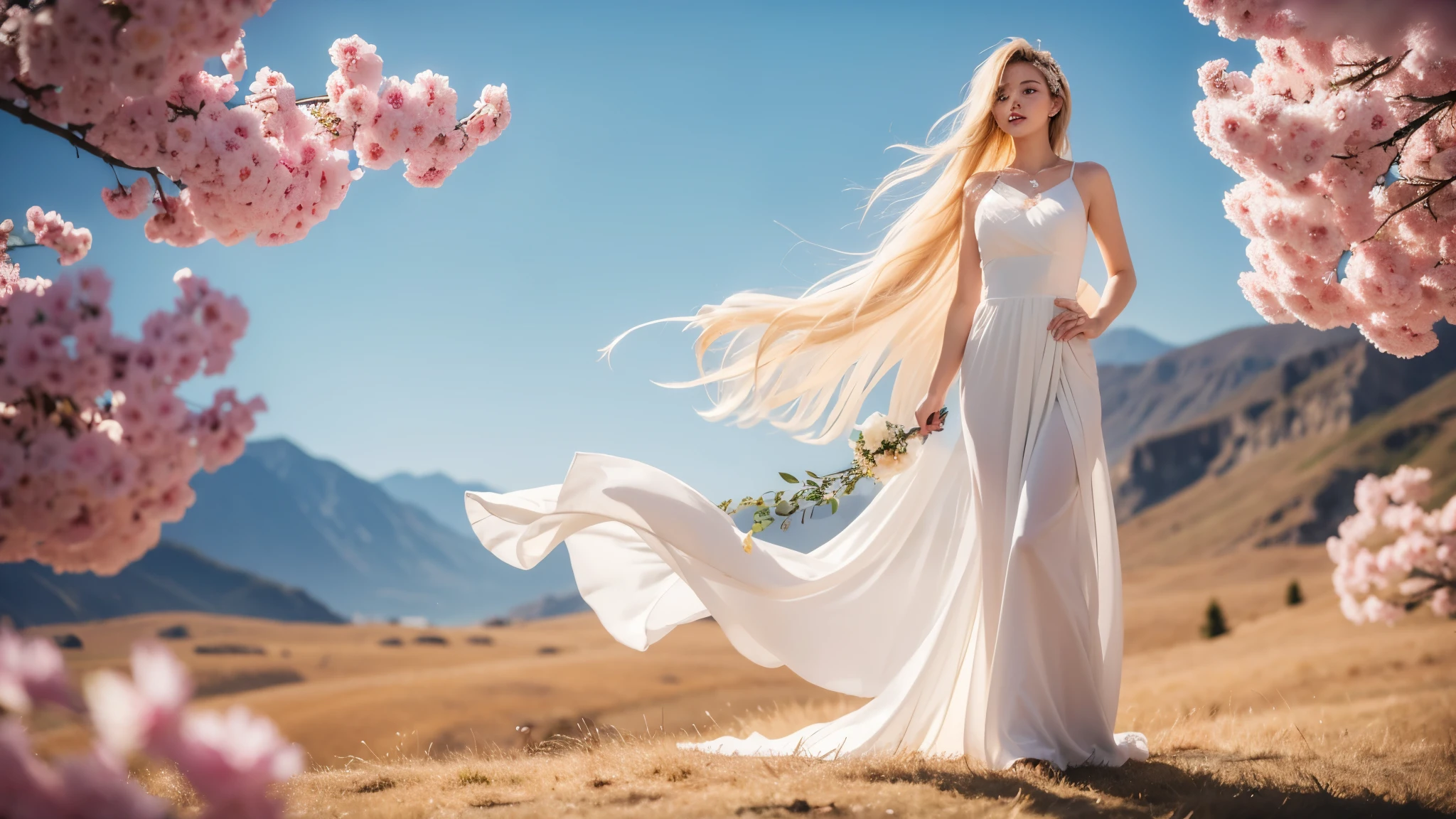(best quality, masterpiece), 1 girl, white wedding, blonde, posture, flower, wind, simple background