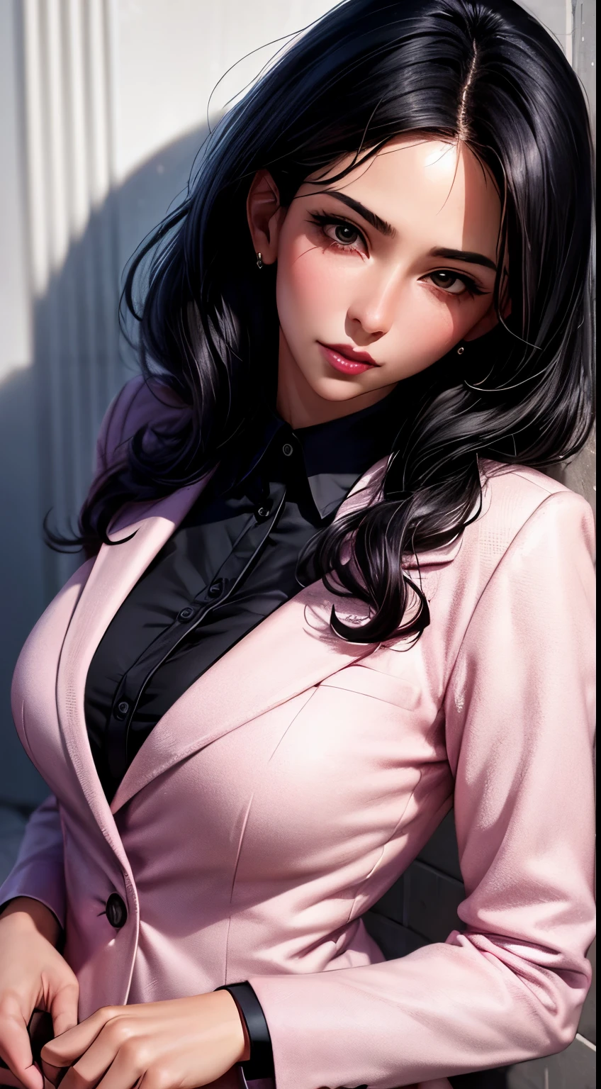 Woman, 30 years, adult, black hair, sexy lawyer, lawyer clothes, nigth, soft ligth, pink lips, face detail, from above, fingers --style realistic-imagine -