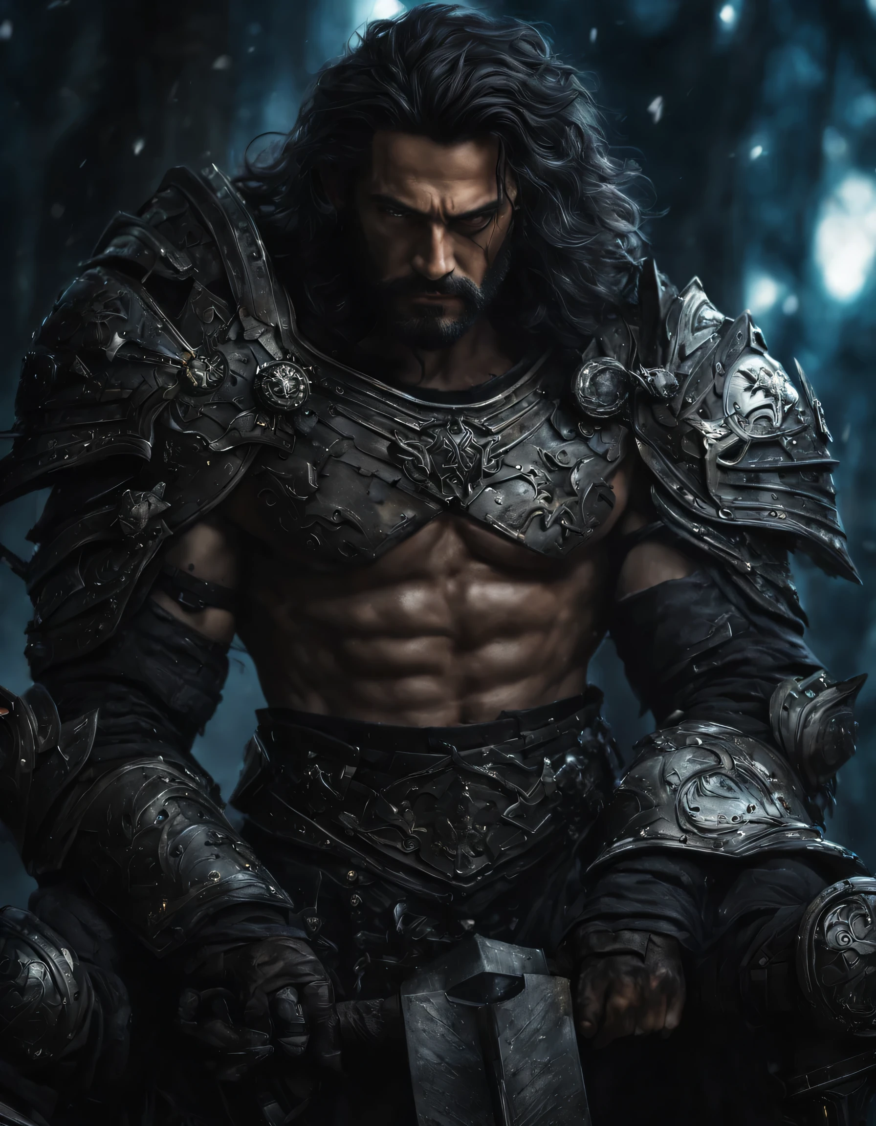 ~*~breathtaking~*~ Cinematic realistic close-up on a movie scene, cores vibrantes, altamente detalhado, Apresentado no Cinemascope, Crie uma atmosfera temperamental. obra de arte, melhor qualidade, Depiction of the Fallen Lord, noite, ultra detalhado, olhos brilhantes, Sozinho, Cabelo preto, Messy hair, cabelo curto, armadura preta, olhar fixamente, o fundo complexo, cabelos e olhos vinhos. homem masculo gross traits from the peasants.