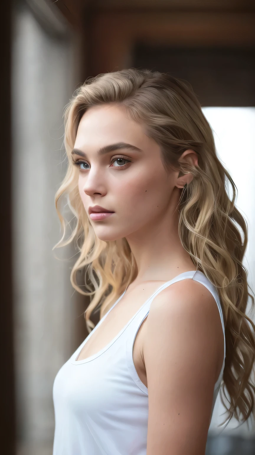 (8K, RAW photo, 最high quality, masterpiece), 超High resolution, (realistic, photo-realistic), 1 girl, emotionless, alone, Blonde long wavy hair, black eye, professional lighting, detailed lighting, Backlight, Depth of written boundary, Natural light, sharp focus, Focusing distance: 2 meters, professional photography, fine eyes, realistic eyes, detailed shadow, CG game, cosplay, White tank top type crop top with arm rings, Upper body, super short denim hot pants, exterior, crown, masterpiece, 最high quality, high quality, High resolution、(close up of face)、