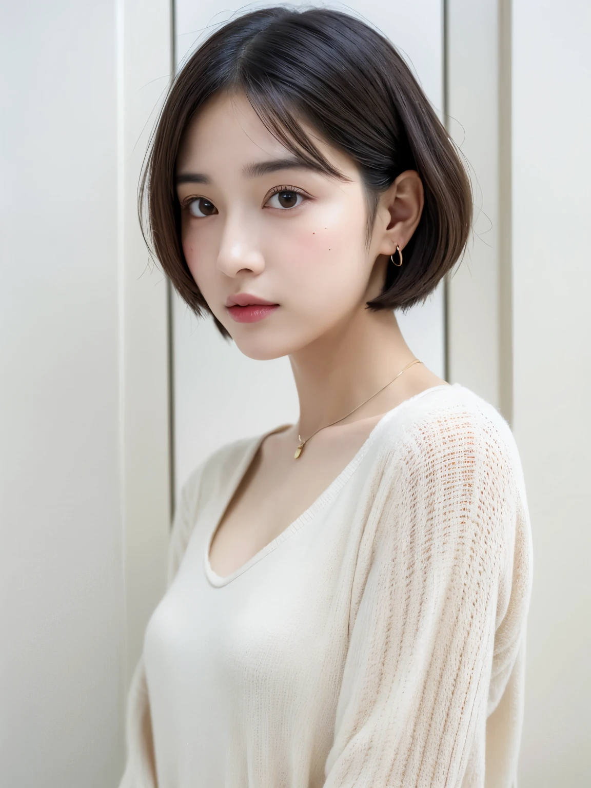(highest quality、8K、32K、masterpiece、nffsw:1.2)、Photos of Japan women、shortcut、short hair、very short hair、Upper body、surface focus、simple necklace、simple background、From above、looking at the viewer、mix 4、(8K、Raw photo、highest quality、masterpiece:1.2)、(realistic、Photoreal:1.37)、1 girl、professional lighting、photon mapping、Physically based rendering、excellent image quality、High resolution、1080P、(clean face)、(Detailed facial description)、(detailed description of hands)、(Masseter muscle part)、(Detailed CG)、 masterpiece、rich details、(exquisite features)、(best image quality)、(masterpiece)、(detailed eye)、looking forward to your eyes、delicate clavicle、Versatile poses、Don&#39;don&#39;t watch the mela、profile、white wall、Taken in front of the white door、(窓のあるwhite wallの部屋)、simple necklace、Long sleeve dresses、pastel colored spring clothes