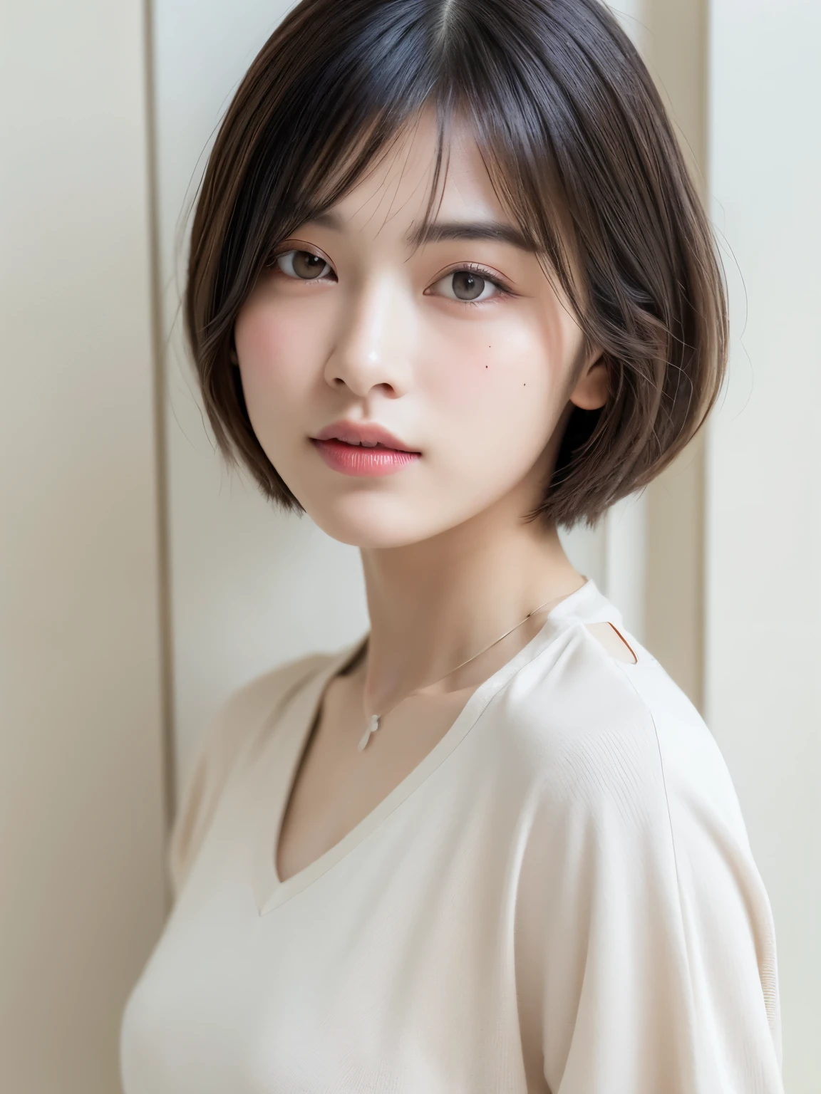 (highest quality、8K、32K、masterpiece、nffsw:1.2)、Photos of Japan women、shortcut、short hair、very short hair、Upper body、surface focus、simple necklace、simple background、From above、looking at the viewer、mix 4、(8K、Raw photo、highest quality、masterpiece:1.2)、(realistic、Photoreal:1.37)、1 girl、professional lighting、photon mapping、Physically based rendering、excellent image quality、High resolution、1080P、(clean face)、(Detailed facial description)、(detailed description of hands)、(Masseter muscle part)、(Detailed CG)、 masterpiece、rich details、(exquisite features)、(best image quality)、(masterpiece)、(detailed eye)、looking forward to your eyes、delicate clavicle、Versatile poses、Don&#39;don&#39;t watch the mela、profile、white wall、Taken in front of the white door、(窓のあるwhite wallの部屋)、simple necklace、Long sleeve dresses、pastel colored spring clothes