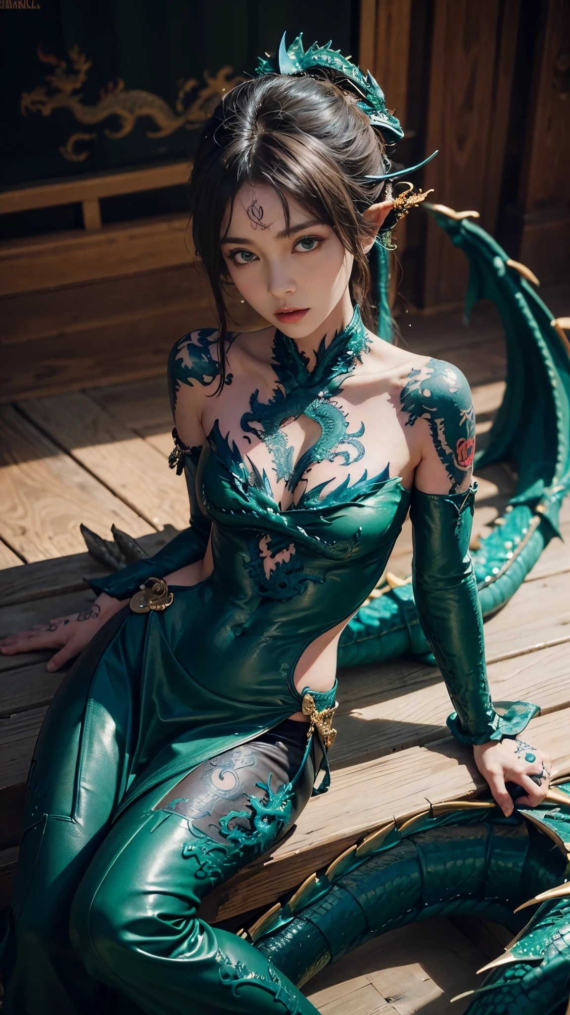 8K, ultra HD, masterpiece, 1 girl, good face, very long hair, detailed eyes, small Curved figure, (dragon outfit green:1.5), (bare shoulder:1), (tattoo:1.5), (straps:1.2), water, (perfect body:1.5), sitting,