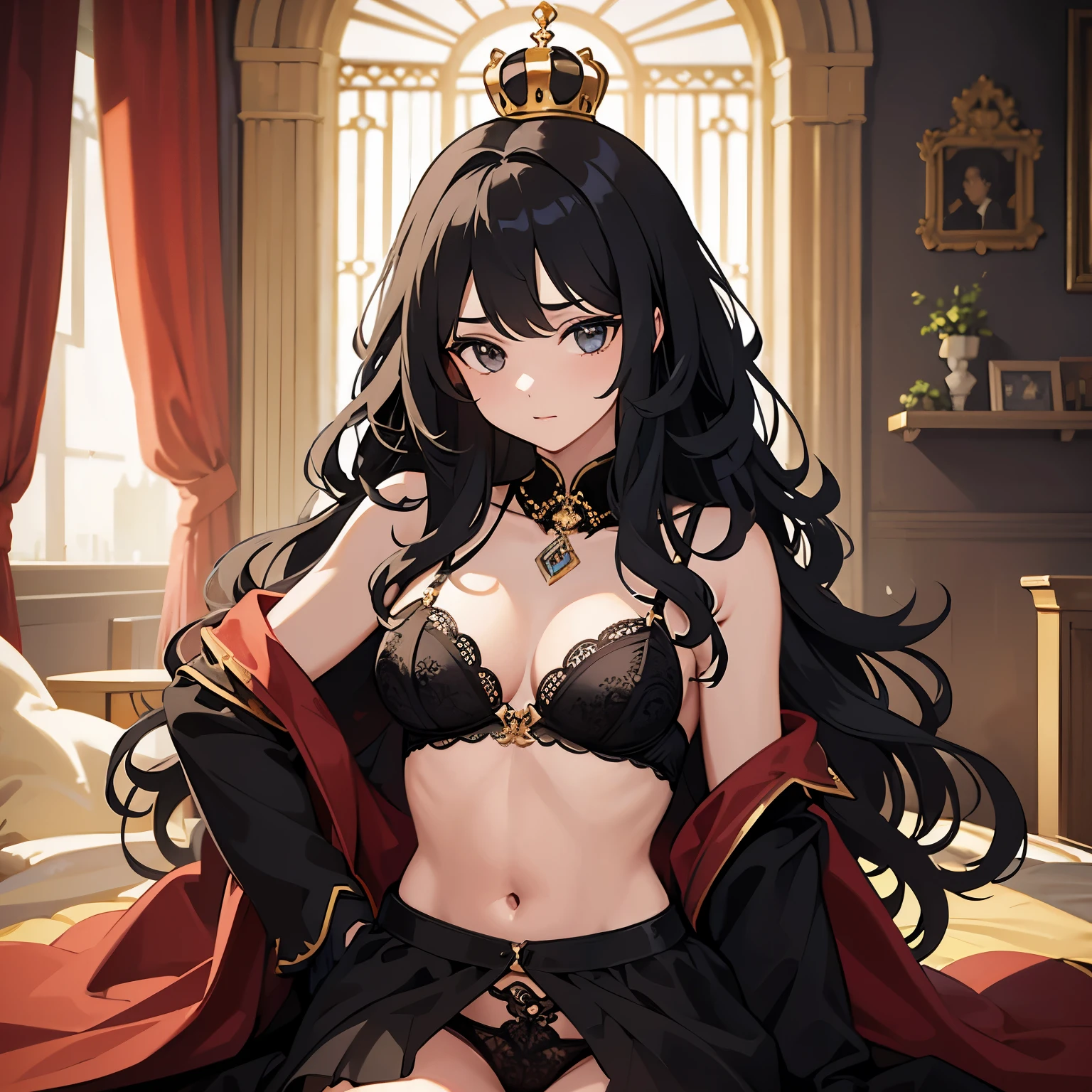 a girl, queen, crown, long black hair, curly hair, king's robe, lingerie, inside a castle, best quality, masterpiece.