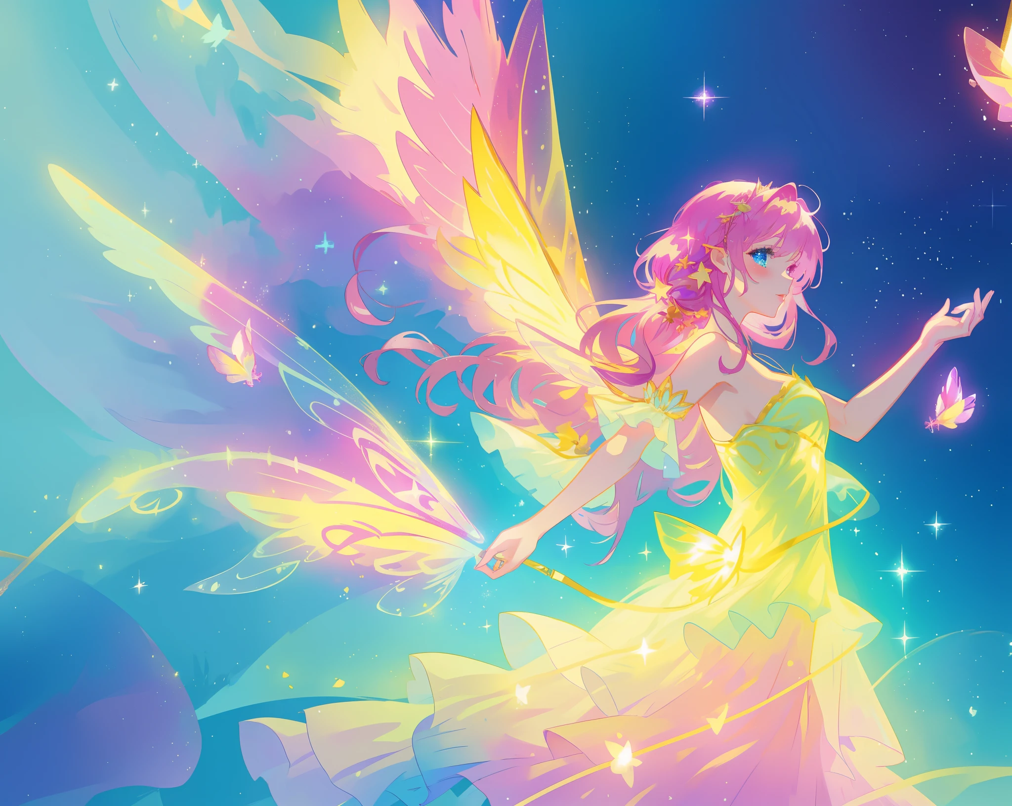 beautiful fairy girl in fluttering yellow dress, layered sparkling fairy dress, (huge sparkling pink fairy wings), long dark purple hair, fairy queen, ((magical colorful otherworldly background)), colorful fantasia background, (glowing fairy wings), glowing flowing ballgown, long hair, sparkling fairy wings, watercolor illustration, glowing aura around her, glowing lights, beautiful digital illustration, fantasia otherworldly background, beautiful, (masterpiece), best quality