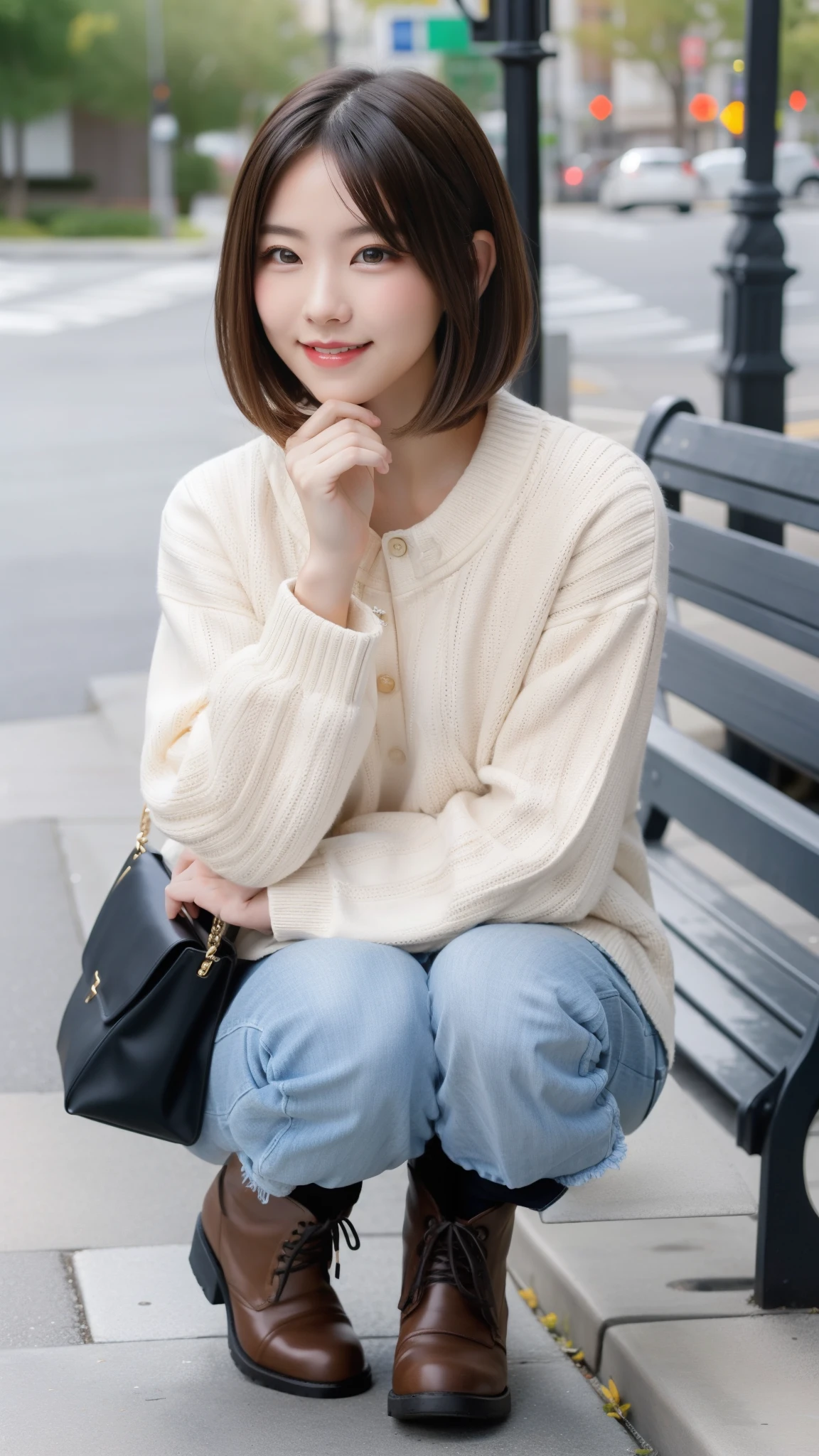 Photo taken by a professional photographer,laughter:1.5,Close-up of a woman squatting on the sidewalk, wearing a sweater, Short-cut brown hair, hair is disheveled,young and cute girl, Wearing a super super super super super super super mini skirt:1.5,Wear stylish boots,sit on a park bench:1.5,Fancy makeup with red eyeshadow,Beautiful thighs are visible,I can see white panties,