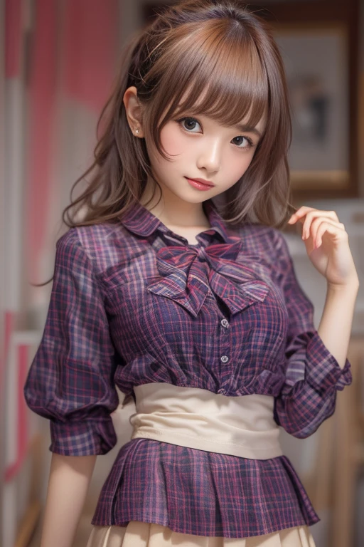 (arms down) , (hands down) , master piece , best quality , highly detailed , (matured female) , standing , blouse, skirt , bangs , room , indoor