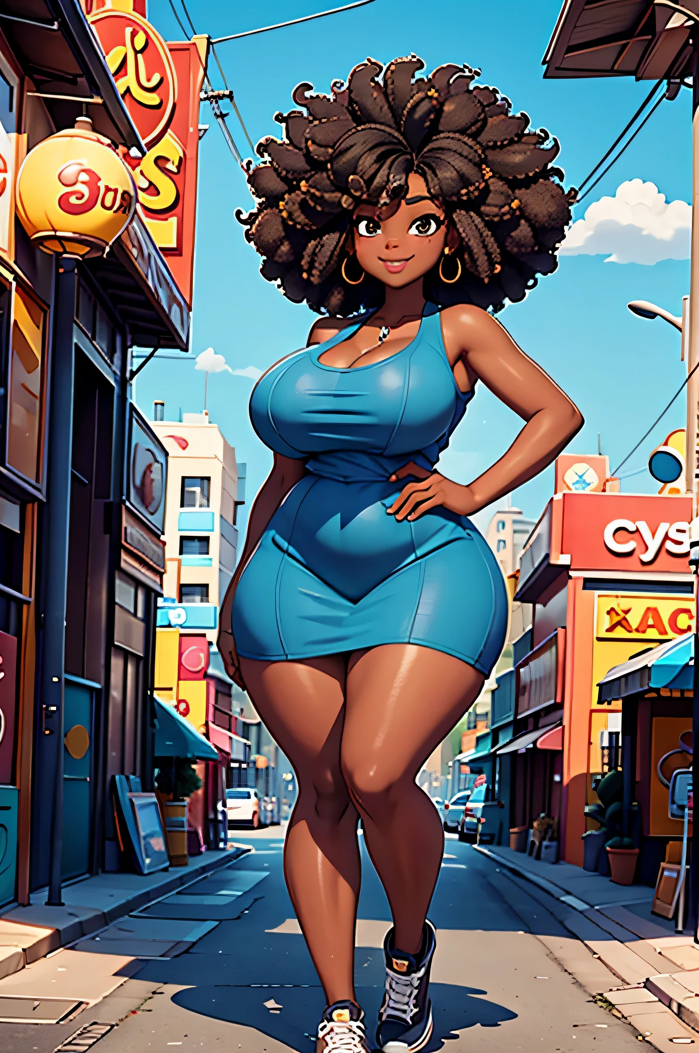 HD, dark skinned, young girl, age 8, humanoid, honey, black afro hair, (((afro hair))), Jackie Parris, ((((Jackie Parris)))), full body cgsociety, 3 d character art, full character body, detailed full body concept, stylized character, erotica, ((young girl, 1girl, age 8)), ((complex detailed background, city street, outside)), erotica, full body, sexy, wide hips, thicc body, thicc, chubby, large breasts, action pose, wearing a cyan sundress, smiling