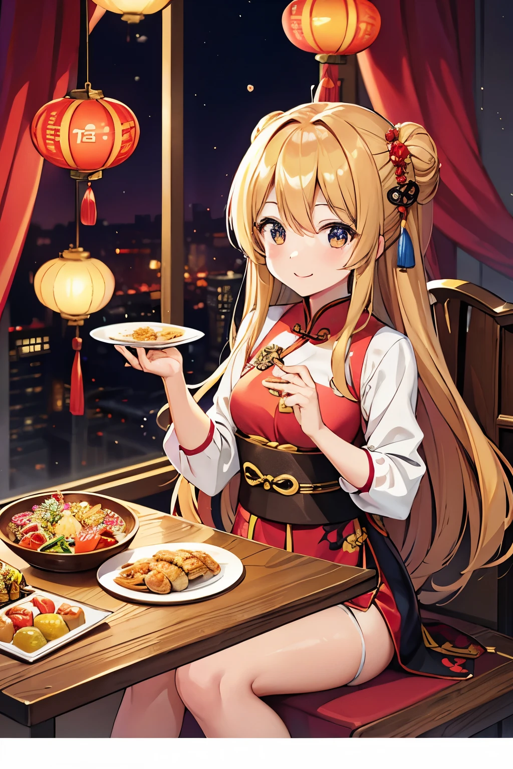 アリス・マーガトロイド,Chinese new year style background, happy, elegant, sitting by a table, food on the tabble, fireworks outside the window, lovely girl, cute, golden hair