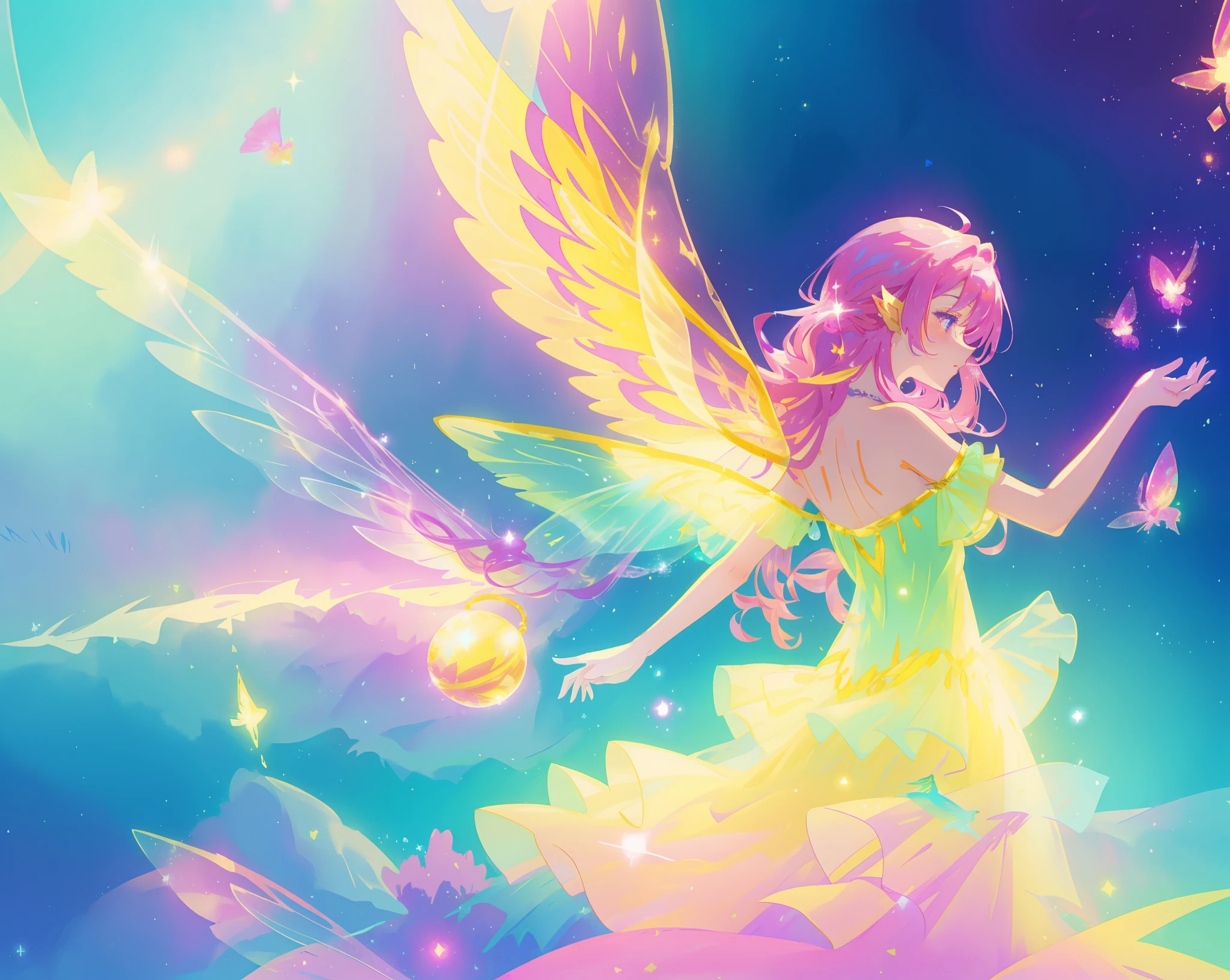 beautiful fairy girl in fluttering yellow dress, layered sparkling fairy dress, (huge sparkling pink fairy wings), long dark purple hair, fairy queen, ((magical colorful otherworldly background)), colorful fantasia background, (glowing fairy wings), glowing flowing ballgown, long hair, sparkling fairy wings, watercolor illustration, glowing aura around her, glowing lights, beautiful digital illustration, fantasia otherworldly background, beautiful, (masterpiece), best quality