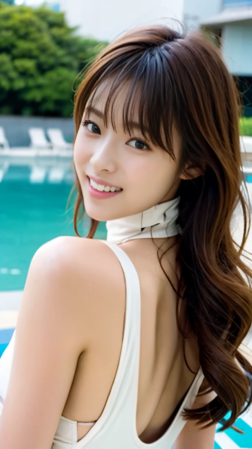Lying down by the pool, propping up your shoulders and elbows,Best image quality from above,Exceptional detail,Super high resolution,(realistic:1.4),high detail,focus on details,1girl concentrated in high concentration,long hair,delicate and beautiful face,Long limbs and slim waist like a model,Outdoor pool in the background,Pure white high neck front zip high leg one piece swimsuit、Big smile,