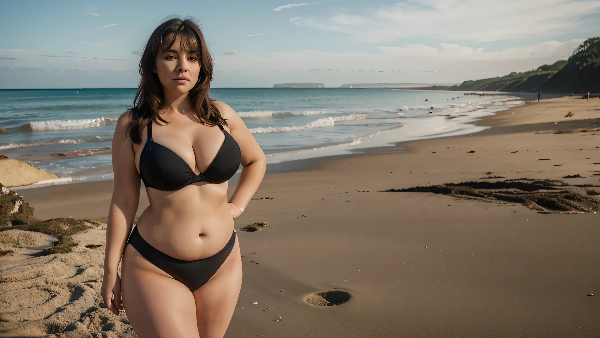 She is chubby ,shes has big tights,she's wearing a bikini and a bra she standing on the beach