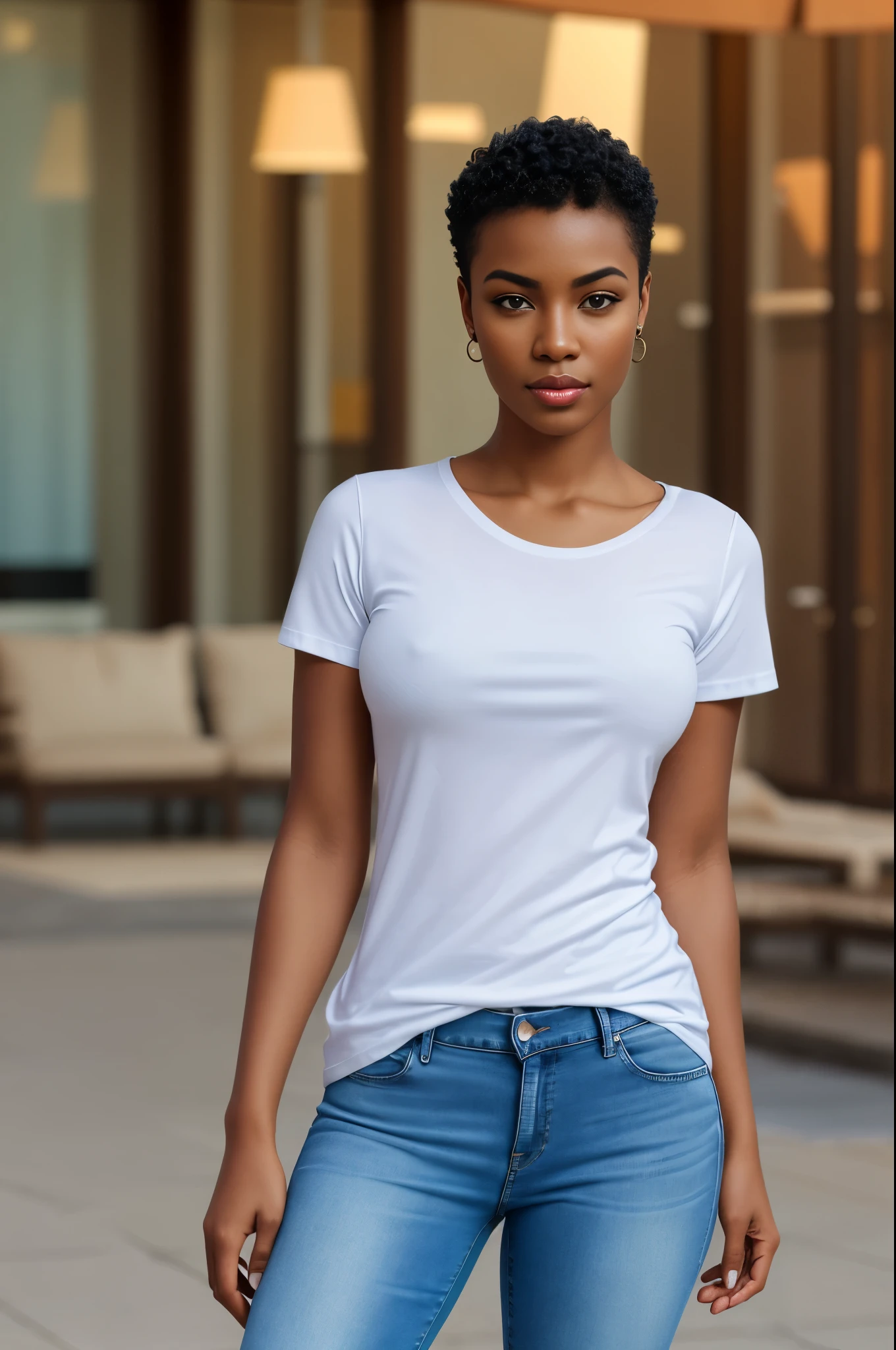 Beautiful Black woman with a short hair style wearing a white t-shirt and light blue jeans photorealistic