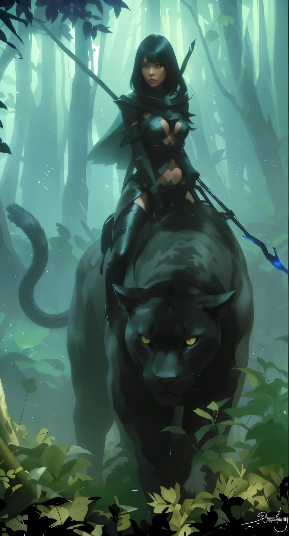 A mysterious figure with black hair, a beautiful lady with panther like movement, stealthily making her way through the dense jungle underbrush at night, Riding a natural looking fur coated black panther, a black panther with short natural looking thick black fur, Clearest contrast and the darkest shadows, The only source of light comes from the glowing bioluminescence of moths and butterflies, creating an otherworldly atmosphere. The jungle path ahead is barely visible, illuminated only by the faint crescent moon in the sky. The level of detail and realism in this image, rendered in stunning 8k resolution, will leave you in awe., Masterpiece, photorealistic, perfect