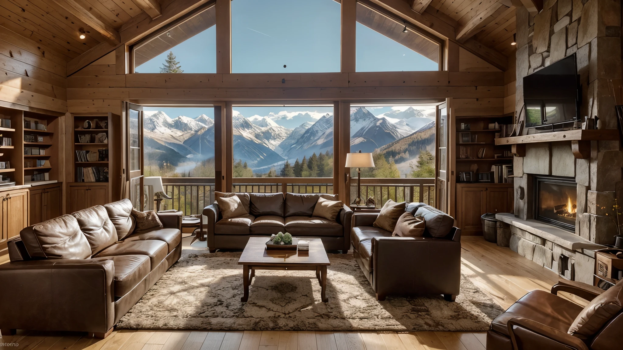 Create an ultra-realistic image depicting a modern living room with breathtaking mountain views through floor-to-ceiling windows. The central focus of the room is a light brown leather sofa, offering both comfort and elegance to the space. With ample angles and a panoramic view, the arrangement of furniture is both realistic and contemporary, enhancing the sense of space and comfort.
The sofa is strategically positioned at the center of the room, providing a panoramic view of the surroundings and facilitating easy socialization. While the description lacks specific details about the sofa's color, material, or style, envision a comfortable and inviting sofa with soft upholstery and a solid structure.
A wall-to-wall bookshelf is an essential element for book lovers, offering ample space to store and display a collection of books. With multiple shelves, it accommodates books in an organized and accessible manner, resembling a small library filled with books and serving as a space for reading and studying.
The high ceiling of the room allows the bookshelf to reach great heights, providing even more vertical storage space and adding architectural interest to the space. Additionally, the mention of both high and low ceilings suggests varying ceiling heights, contributing to the architectural diversity of the room.
Details like synthetic leather accents and a stone fireplace add opulence and warmth to the space, creating the perfect setting for cozy evenings by the fire. Floor-to-ceiling windows offer stunning panoramic views of the surrounding mountains, allowing guests to enjoy the natural beauty and serenity of the Swiss Alps from the comfort of the living room. Snow is gently falling outside, adding to the tranquil atmosphere.
Wooden paneling decorates the walls, adding rustic charm and warmth to the environment. A private balcony provides a secluded and peaceful spot for guests to enjoy the breathtaking landscape of the Swiss Alps, connecting them with nature and